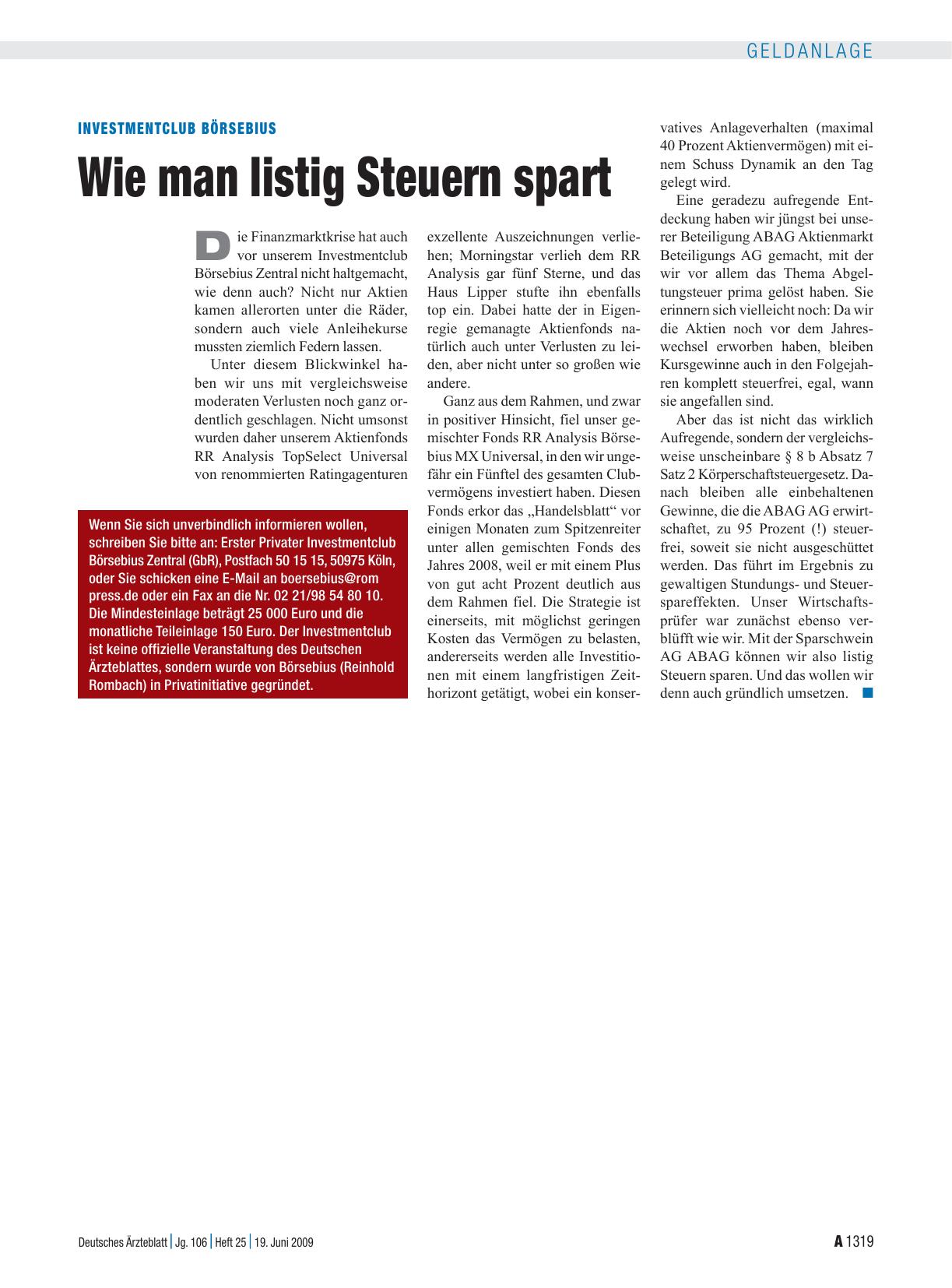 Vorschauseite 1: Investmentclub Börsebius: Wie man listig Steuern spart