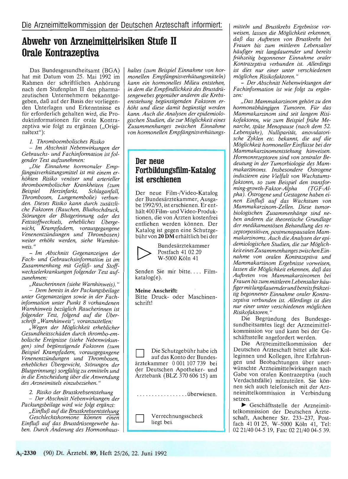 Vorschauseite 1: Die Arzneimittelkommission der Deutschen Arzteschaft informiert: Abwehr von Arzneimittelrisiken Stufe II Orale Kontrazeptiva