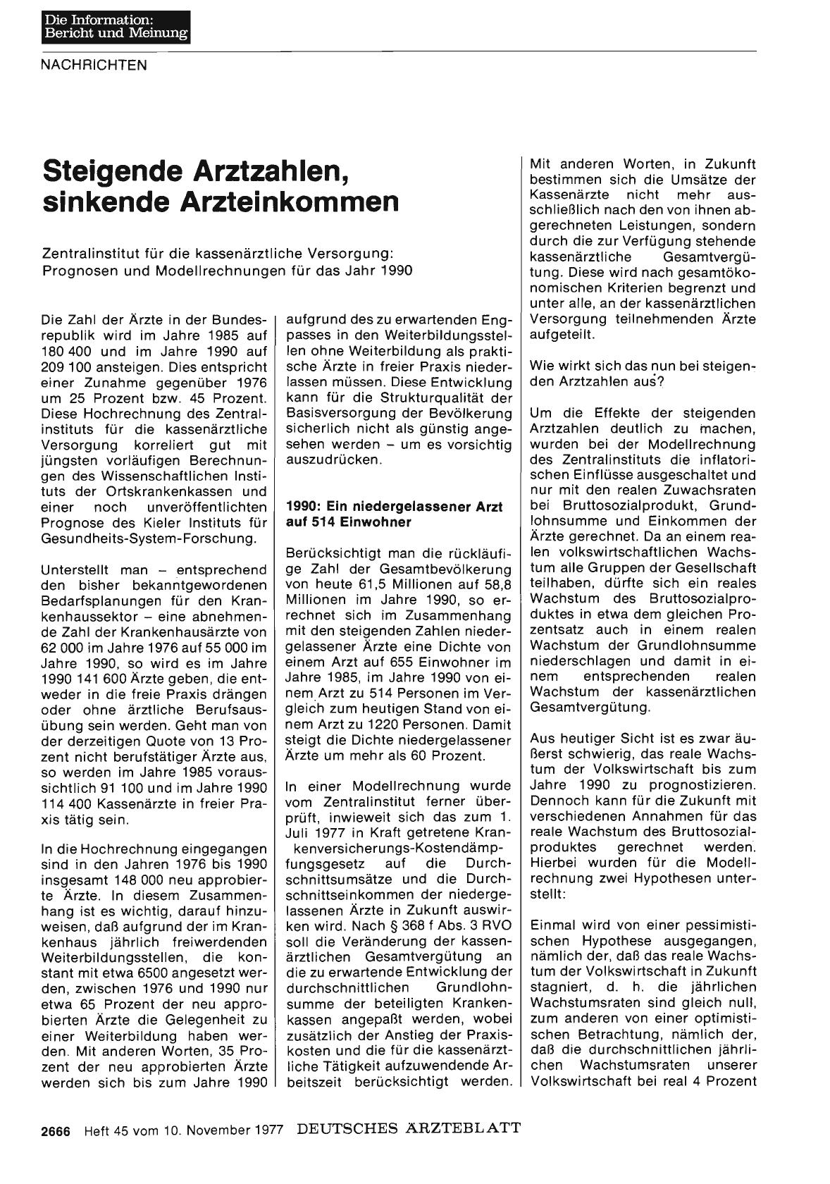 Vorschauseite 1: Steigende Arztzahlen, sinkende Arzteinkommen: Zentralinstitut für die kassenärztliche Versorgung: Prognosen und Modellrechnungen für das Jahr 1990