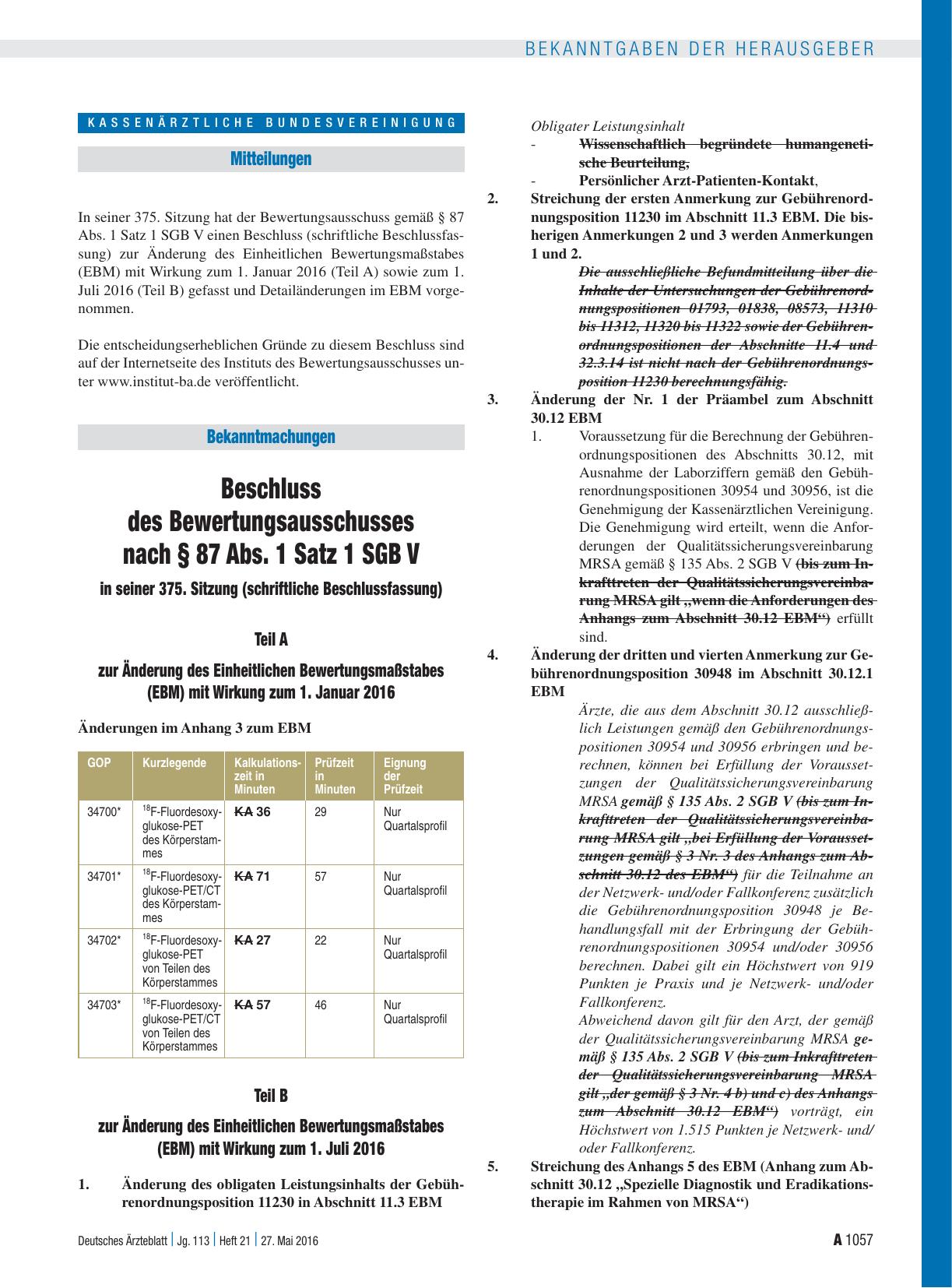 Vorschauseite 1: Beschluss des Bewertungsausschusses nach § 87 Abs. 1 Satz 1 SGB V in seiner 375. Sitzung (schriftliche Beschlussfassung) Teil A zur Änderung des Einheitlichen Bewertungsmaßstabes…