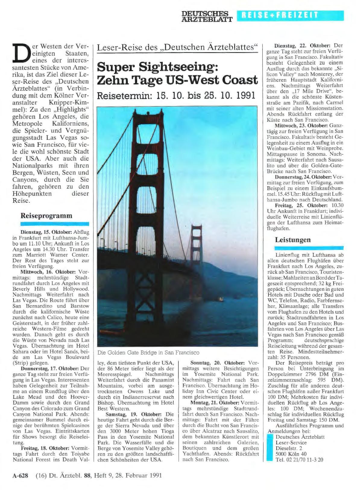 Vorschauseite 1: Leser-Reise des „Deutschen Ärzteblattes“: Super Sightseeing: Zehn Tage US-West Coast