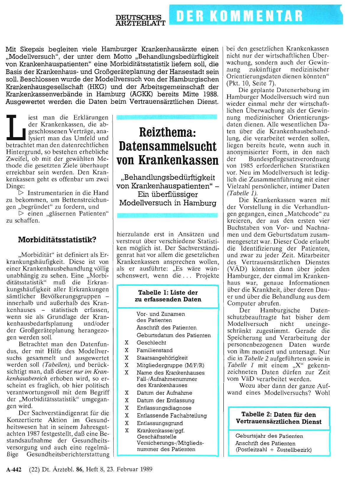 Vorschauseite 1: Reizthema: Datensammelsucht von Krankenkassen: „Behandlungsbedürftigkeit von Krankenhauspatienten“ - Ein überflüssiger Modellversuch in Hamburg