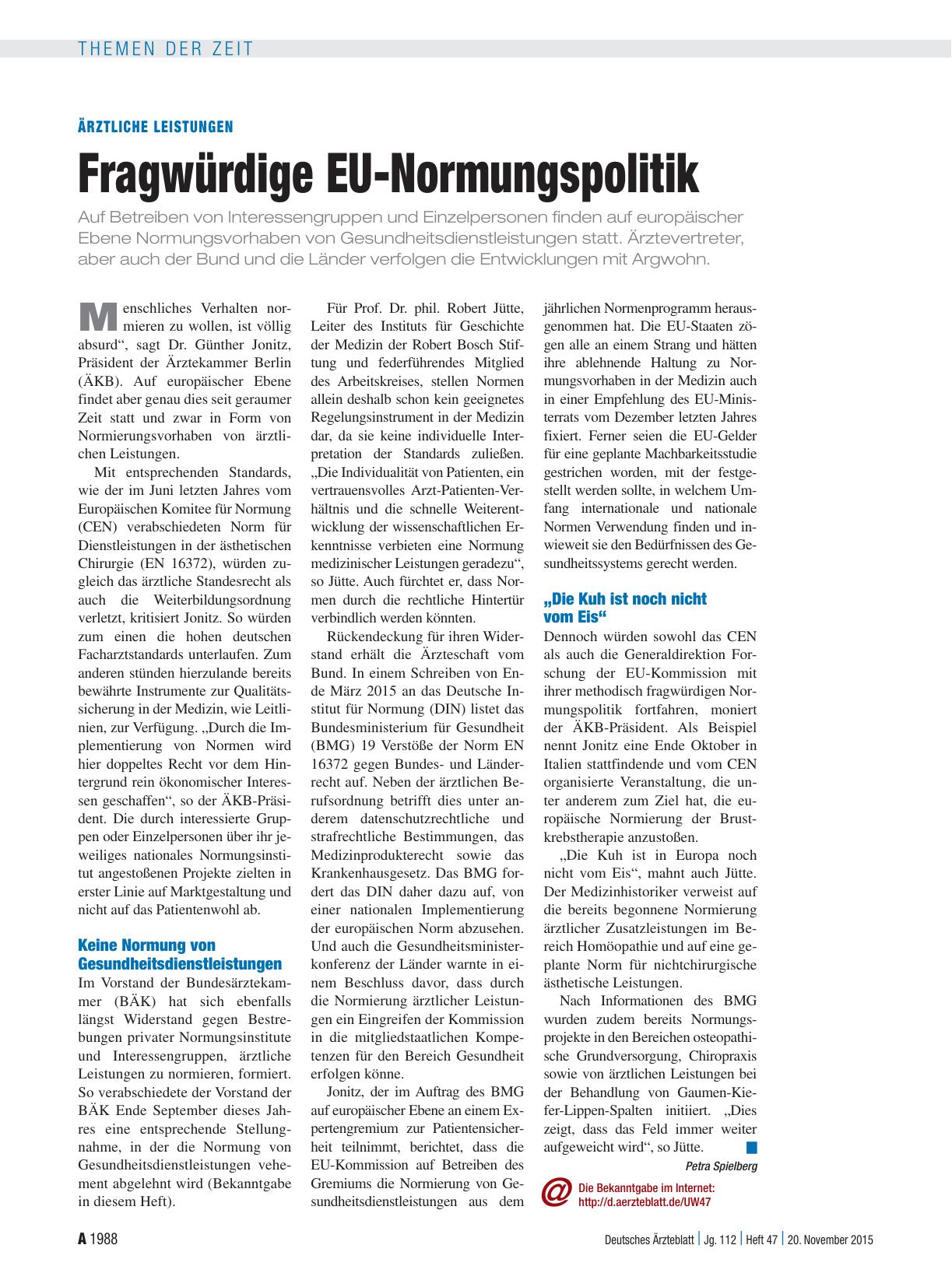 Vorschauseite 1: Ärztliche Leistungen: Fragwürdige EU-Normungspolitik