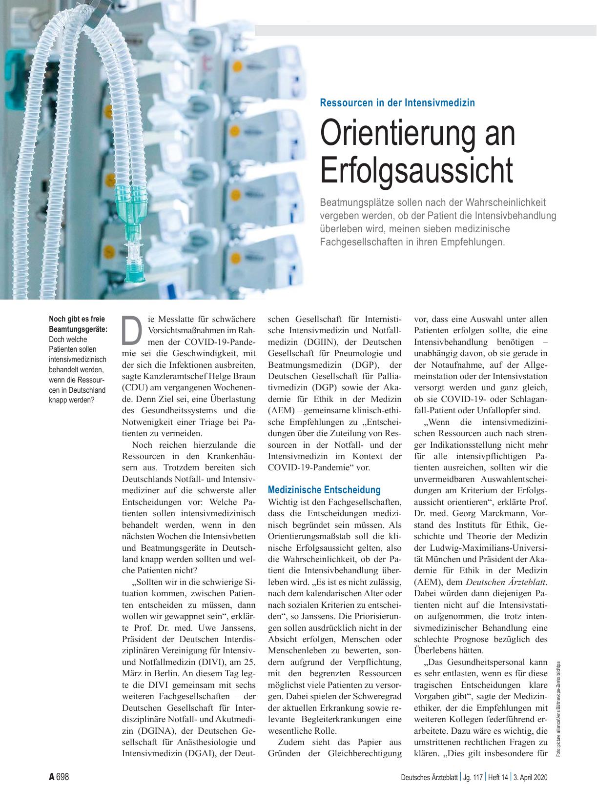 Vorschauseite 1: Ressourcen in der Intensivmedizin: Orientierung an Erfolgsaussicht