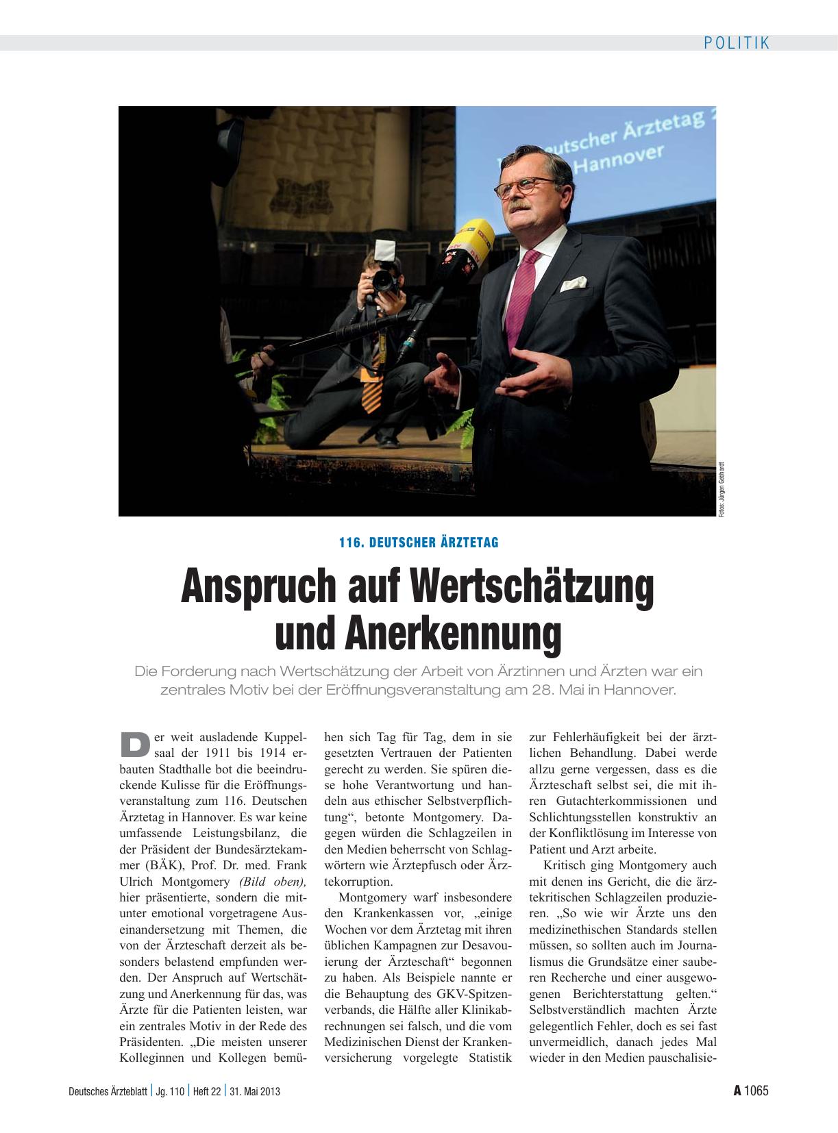 Vorschauseite 1: 116. Deutscher Ärztetag: Anspruch auf Wertschätzung und Anerkennung