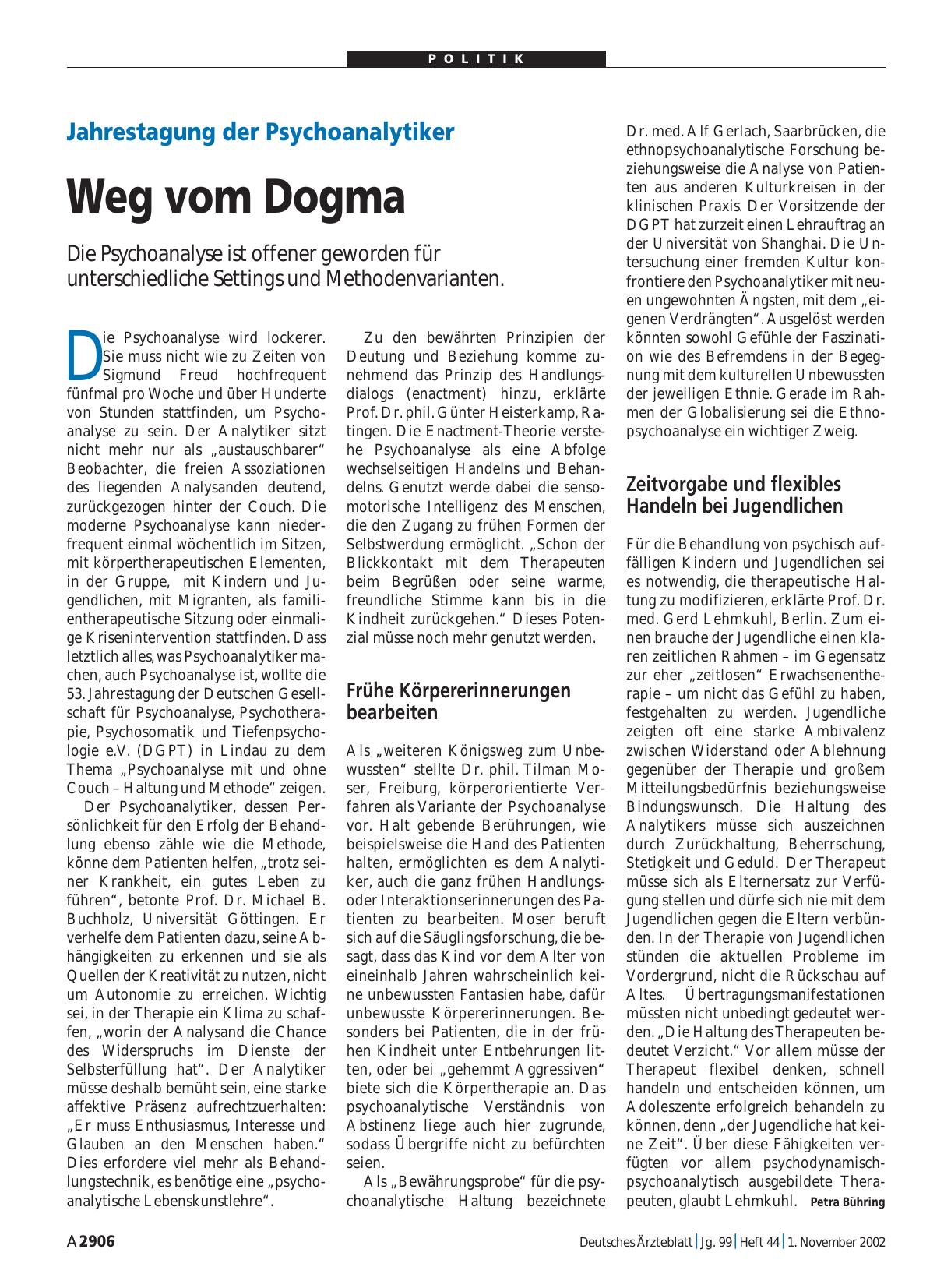 Vorschauseite 1: Jahrestagung der Psychoanalytiker: Weg vom Dogma