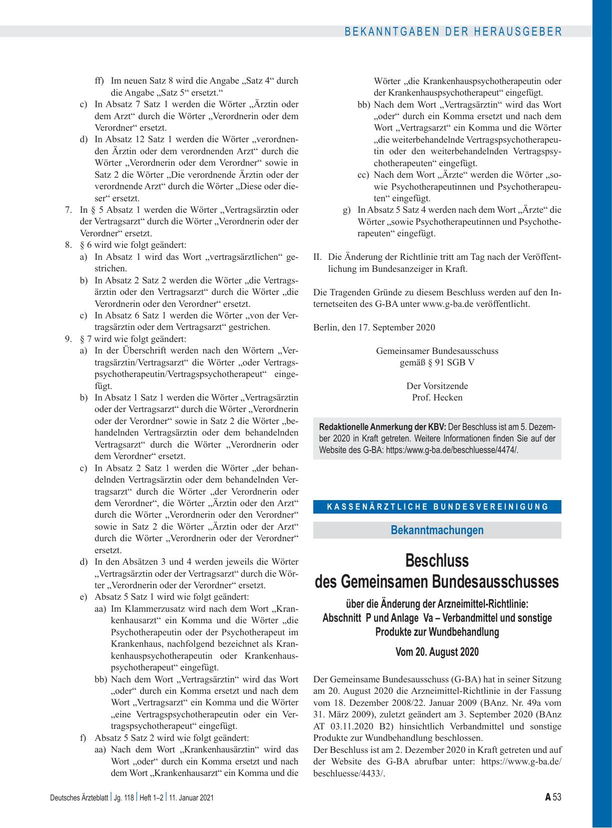 Vorschauseite 1: Beschluss des Gemeinsamen Bundesausschusses über die Änderung der Arzneimittel-Richtlinie: Abschnitt P und Anlage Va – Verbandmittel und sonstige Produkte zur Wundbehandlung vom 2…