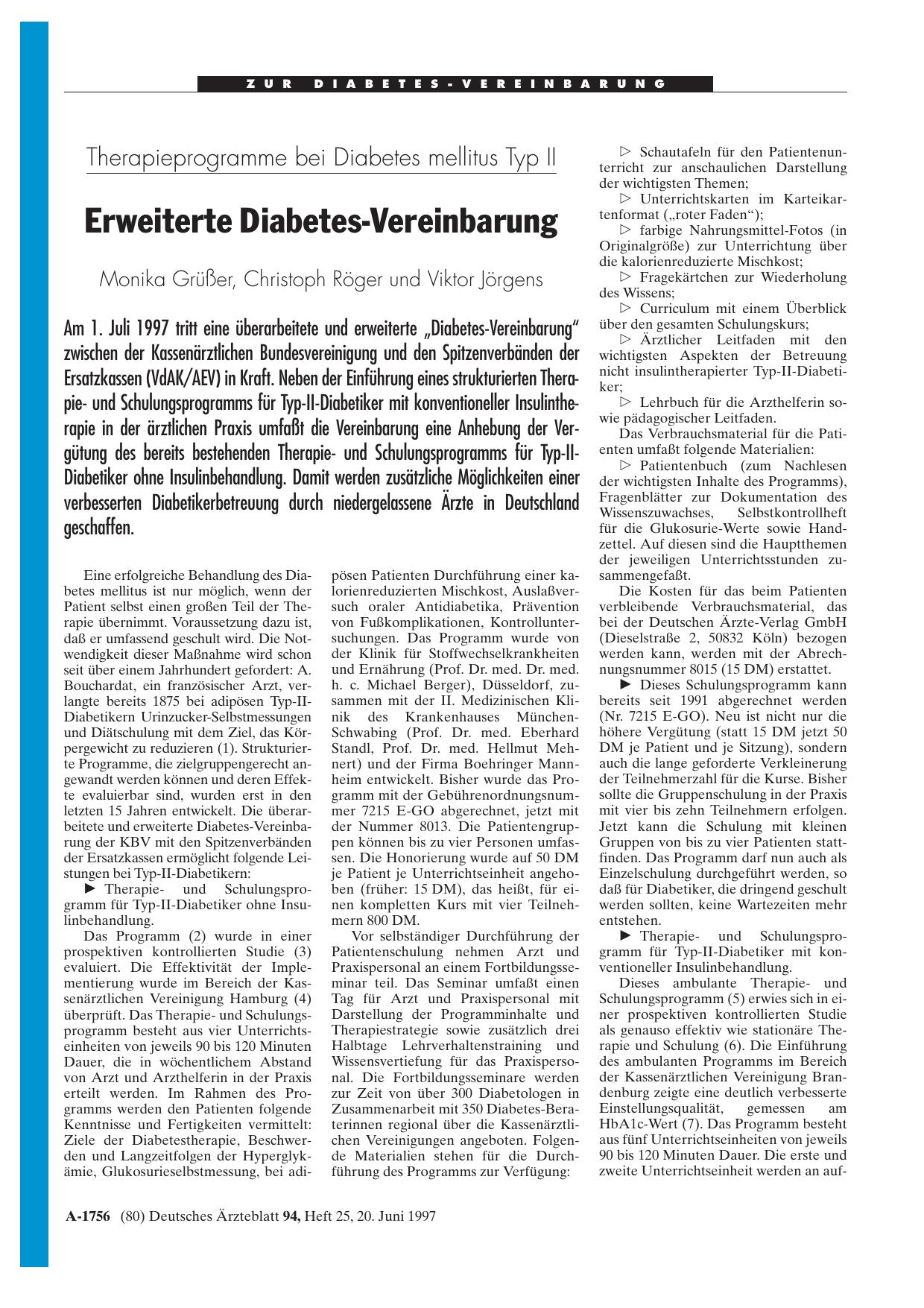 Vorschauseite 1: Zur Diabetes-Vereinbarung: Therapieprogramme bei Diabetes mellitus Typ II Erweiterte Diabetes-Vereinbarung
