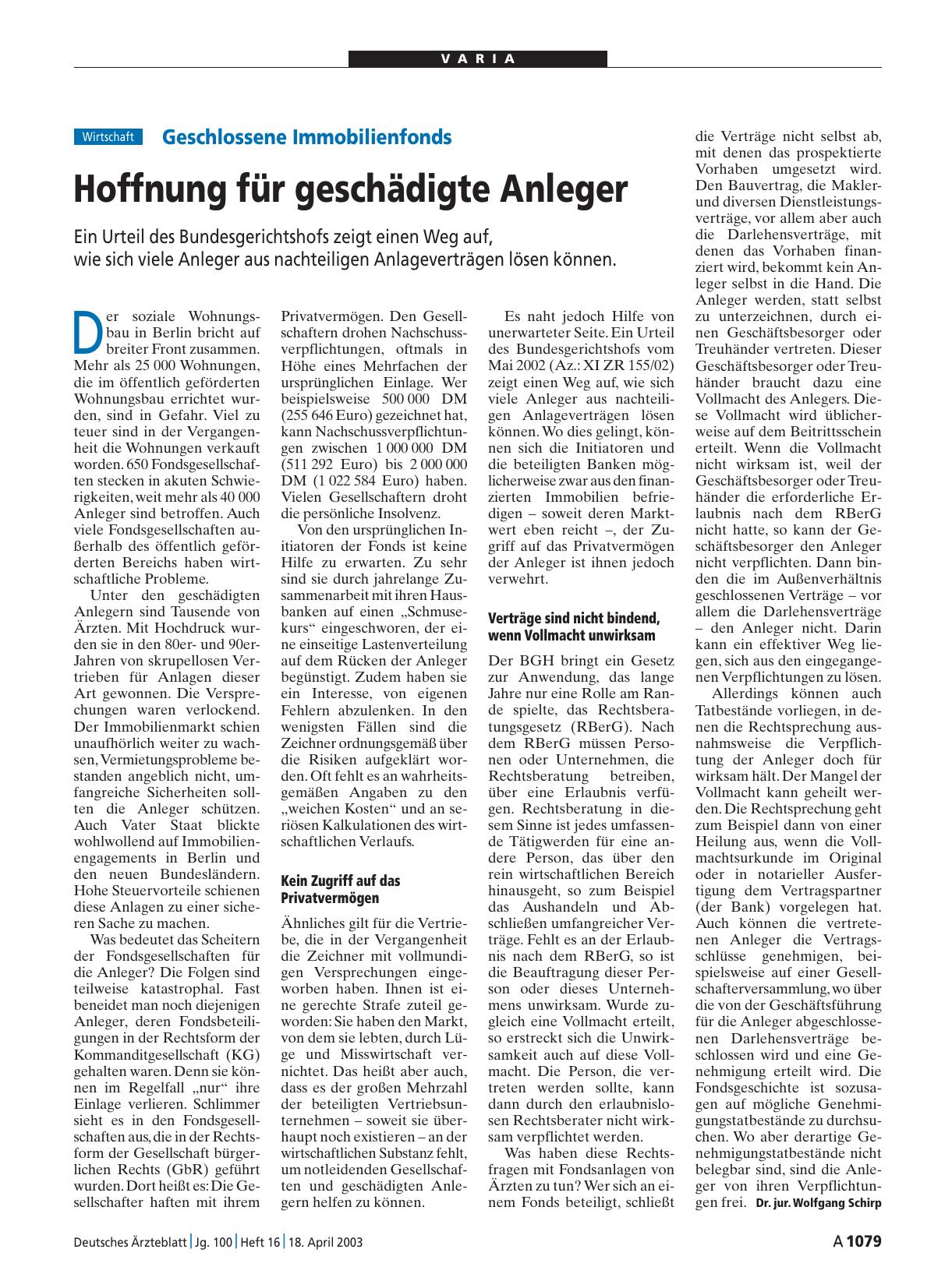 Vorschauseite 1: Geschlossene Immobilienfonds: Hoffnung für geschädigte Anleger
