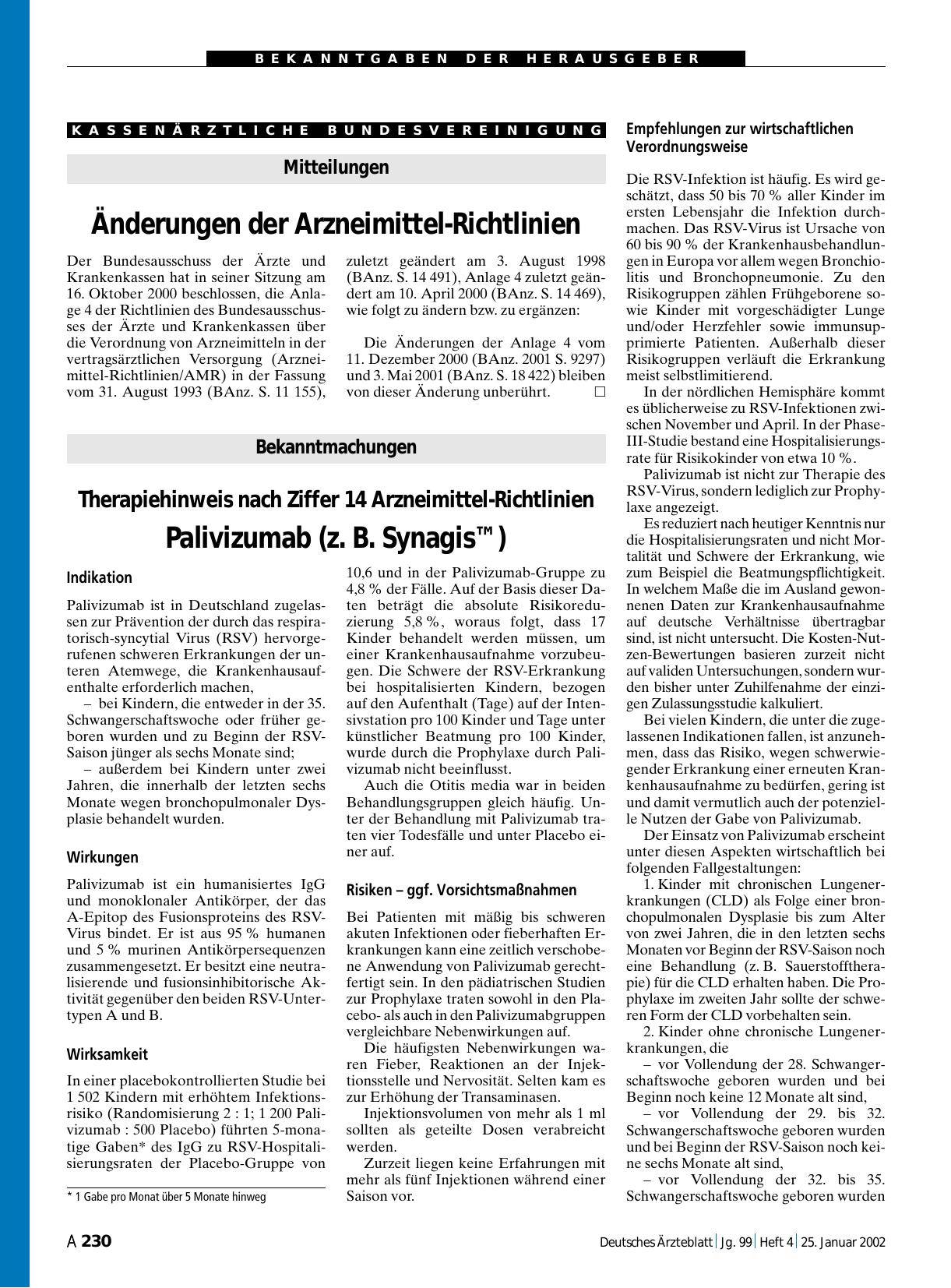 Vorschauseite 1: Mitteilungen: Änderungen der Arzneimittel-Richtlinien