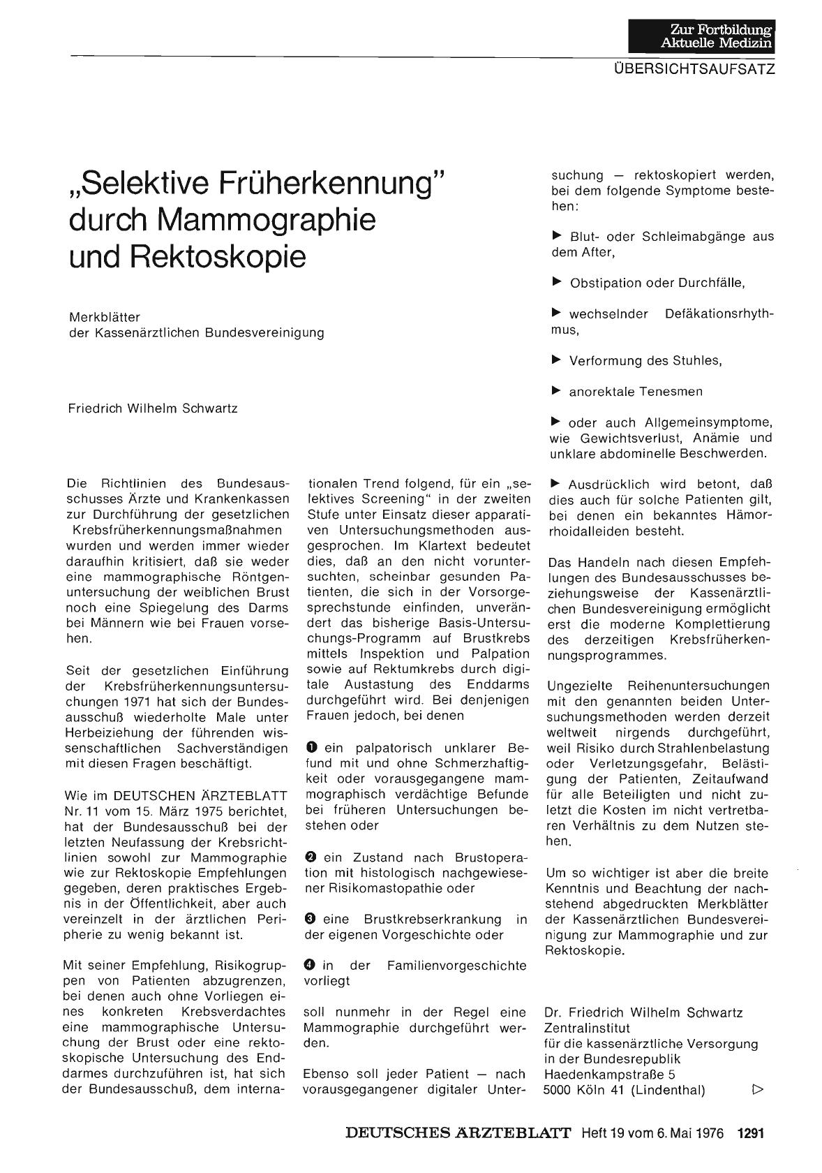 Vorschauseite 1: „Selektive Früherkennung„ durch Mammographie und Rektoskopie
