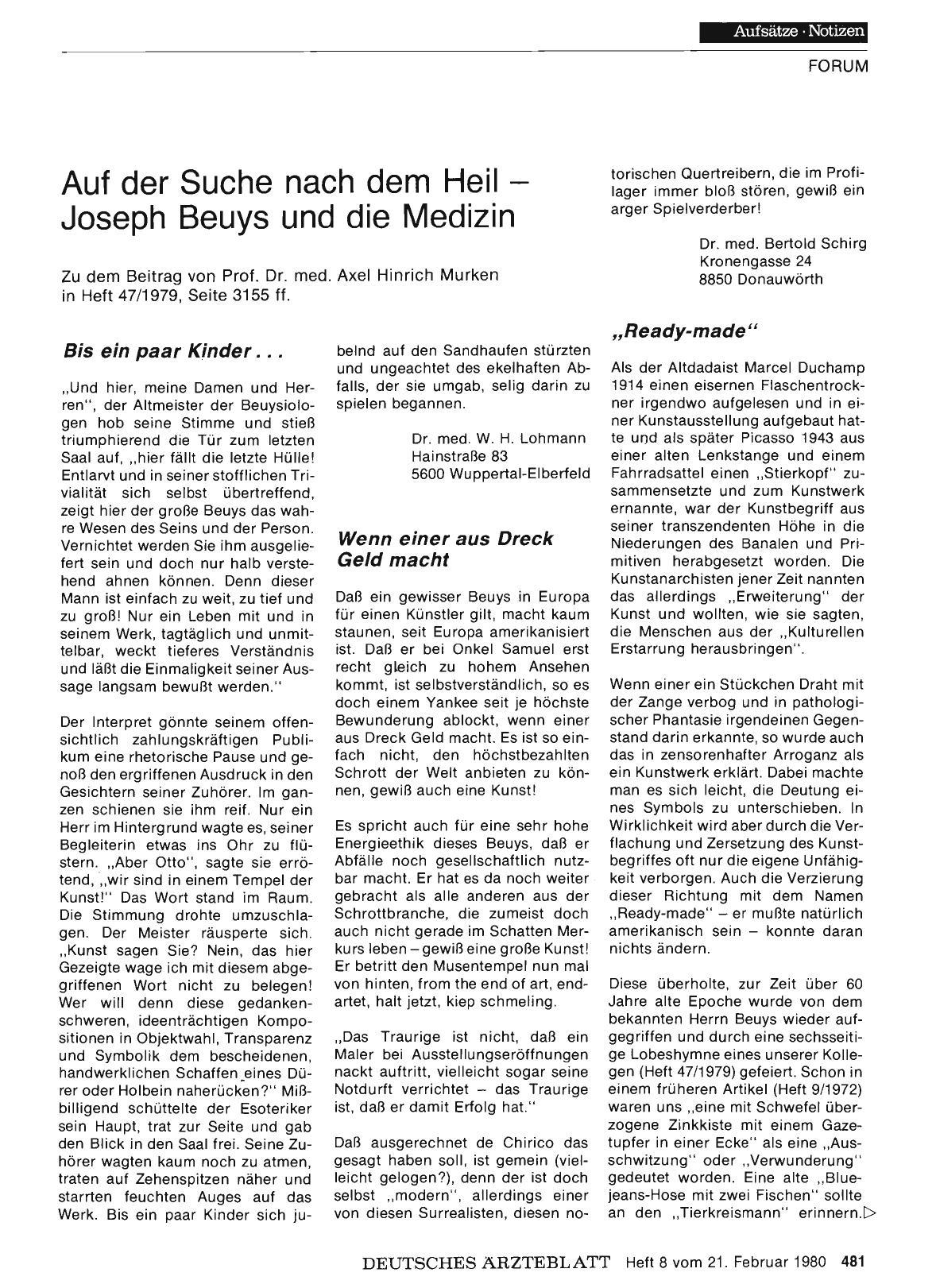 Vorschauseite 1: Auf der Suche nach dem Heil — Joseph Beuys und die Medizin: „Ready-made“