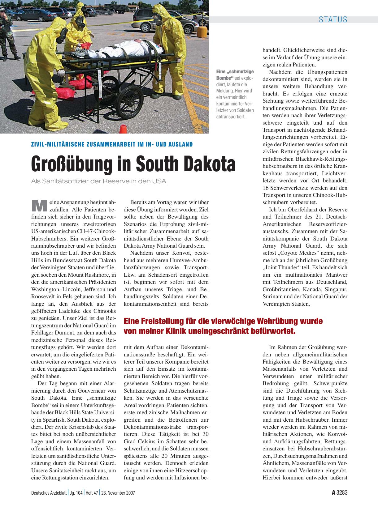 Vorschauseite 1: Zivil-militärische Zusammenarbeit im Inund Ausland: Großübung in South Dakota