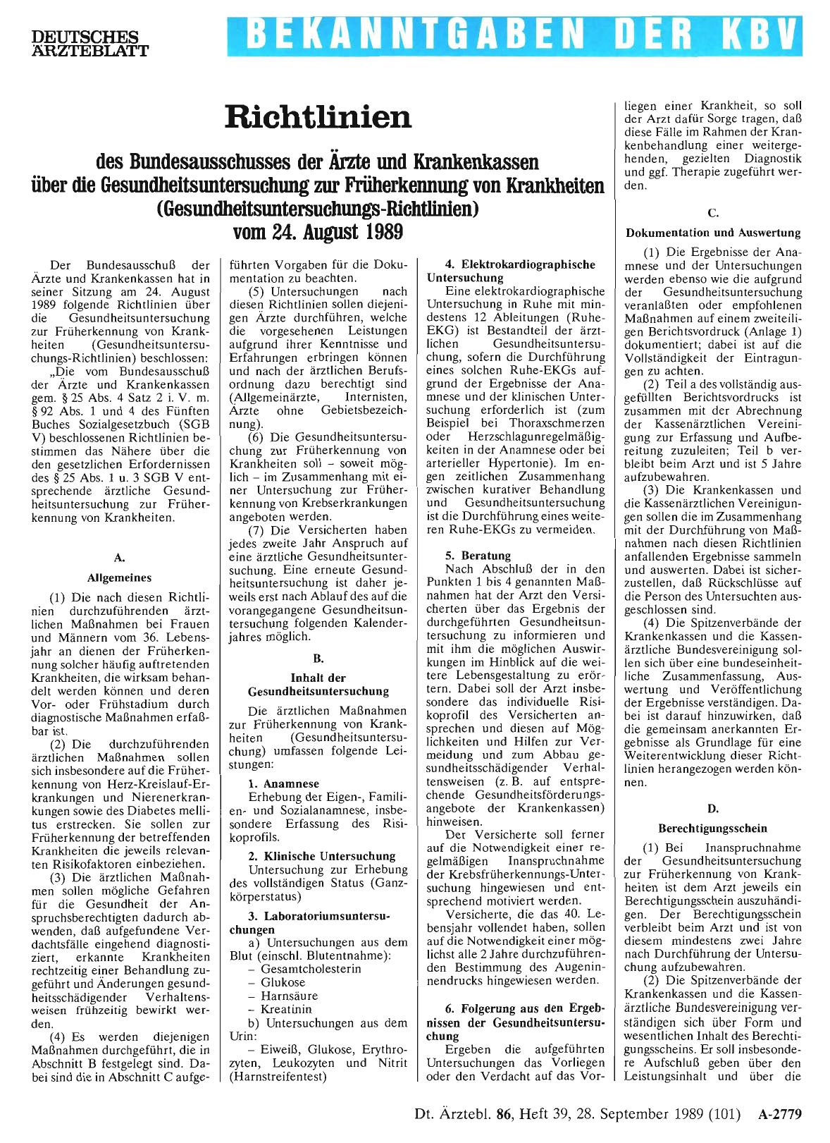 Vorschauseite 1: Richtlinien des Bundesausschusses der Ärzte und Krankenkassen über die Gesundheitsuntersuchung zur Früherkennung von Krankheiten (Gesundheitsuntersuchungs-Richtlinien) vom 24. Aug…