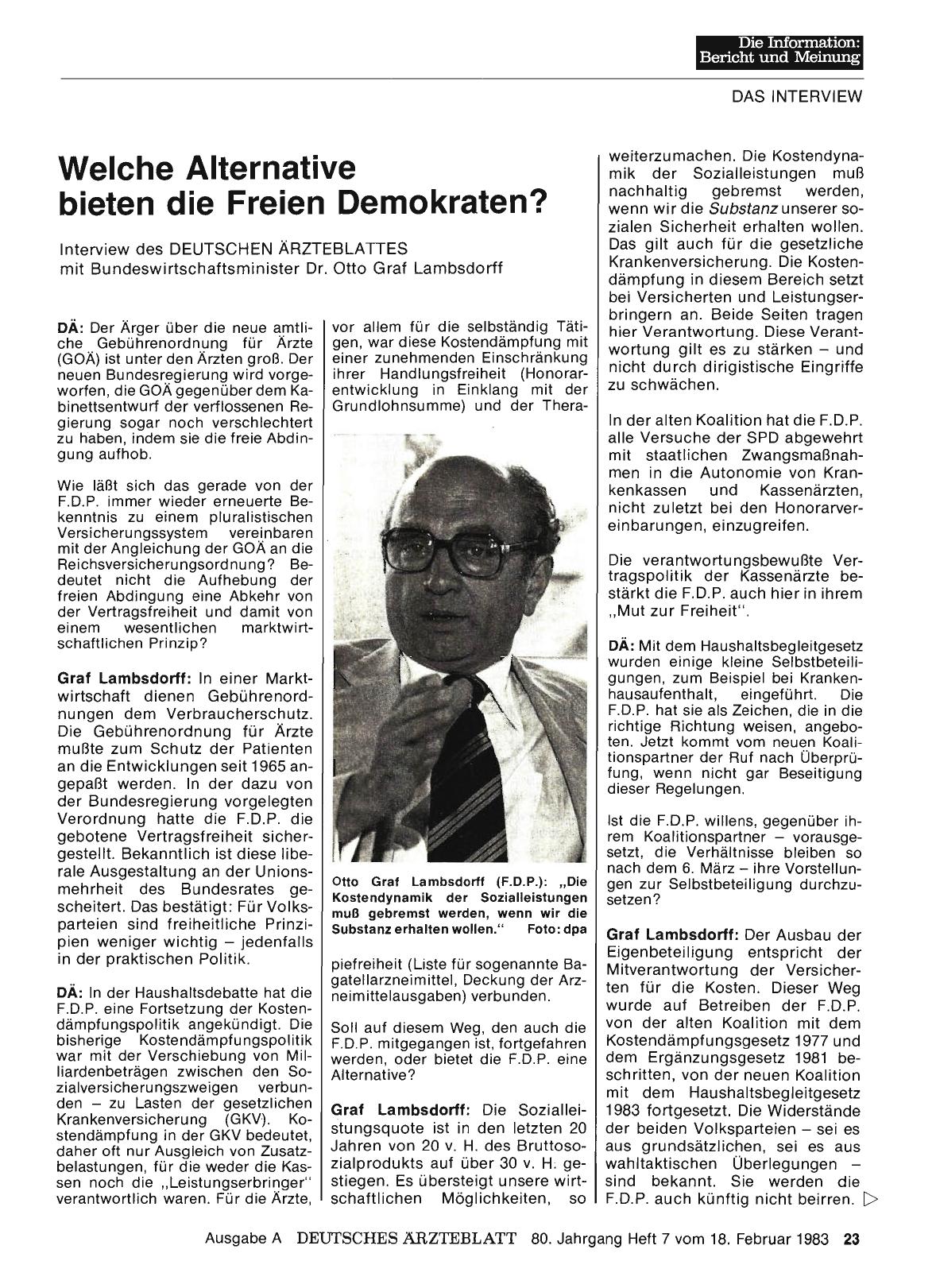 Vorschauseite 1: Welche Alternative bieten die Freien Demokraten? Interview des DEUTSCHEN ÄRZTEBLATTES mit Bundeswirtschaftsminister Dr. Otto Graf Lambsdorff