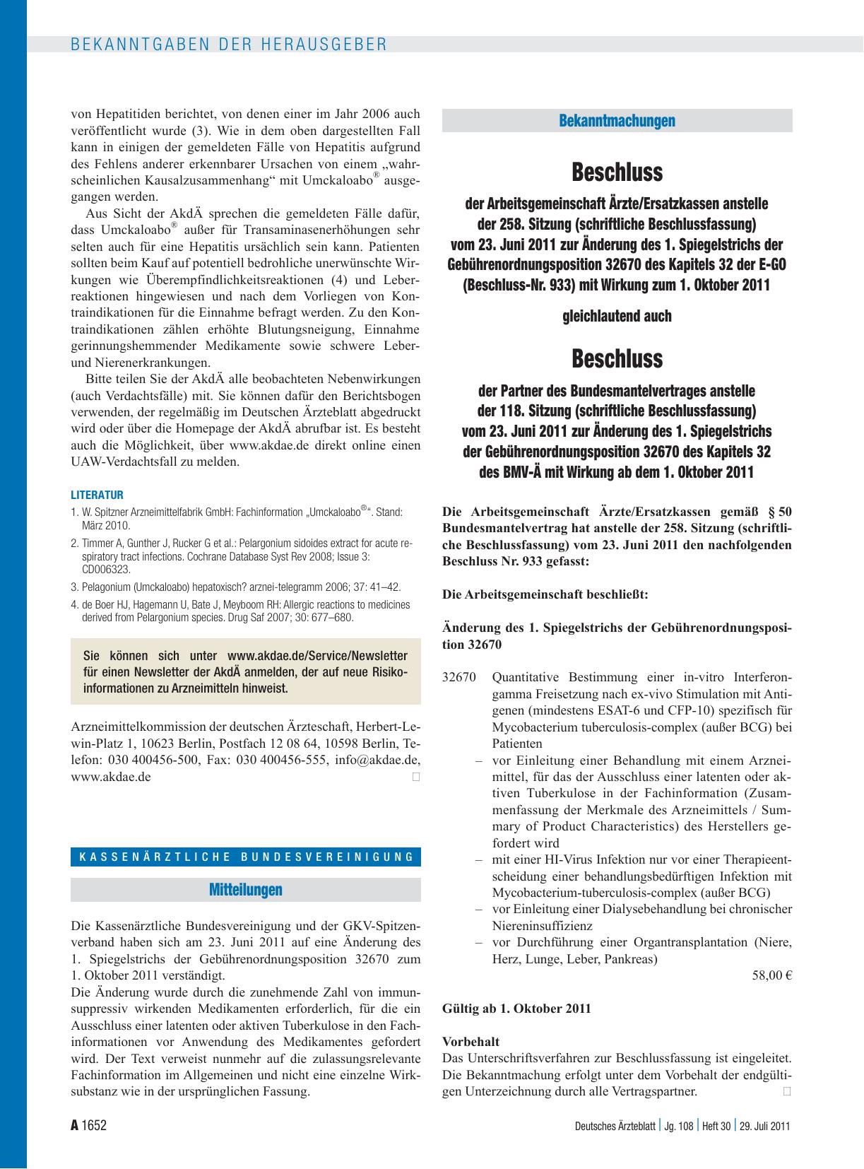 Vorschauseite 1: Beschluss der Arbeitsgemeinschaft Ärzte/Ersatzkassen anstelle der 258. Sitzung (schriftliche Beschlussfassung) vom 23. Juni 2011 zur Änderung des 1. Spiegelstrichs der Gebührenord…