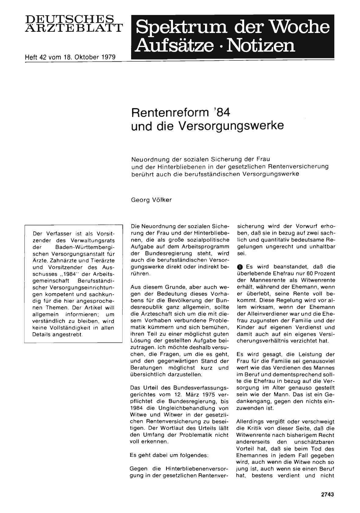 Vorschauseite 1: Rentenreform '84 und die Versorgungswerke