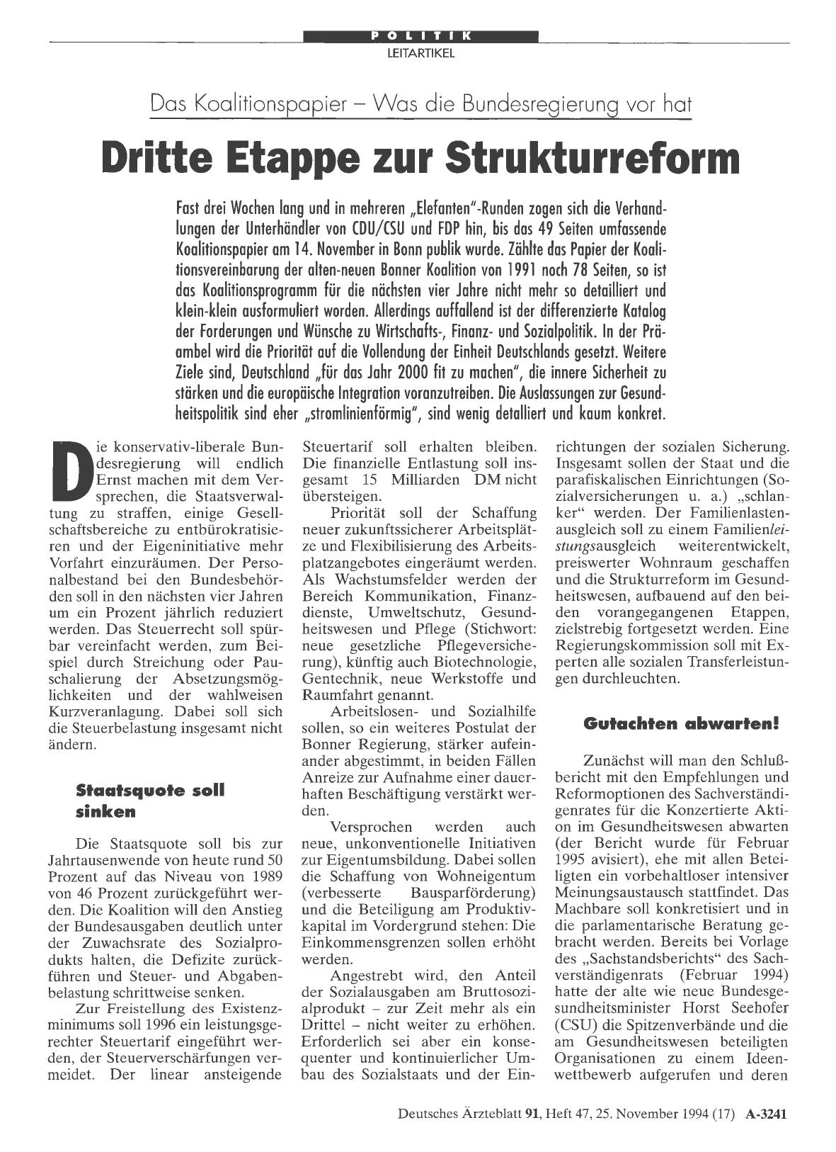 Vorschauseite 1: Das Koalitionspapier — Was die Bundesregierung vor hat: Dritte Etappe zur Strukturreform