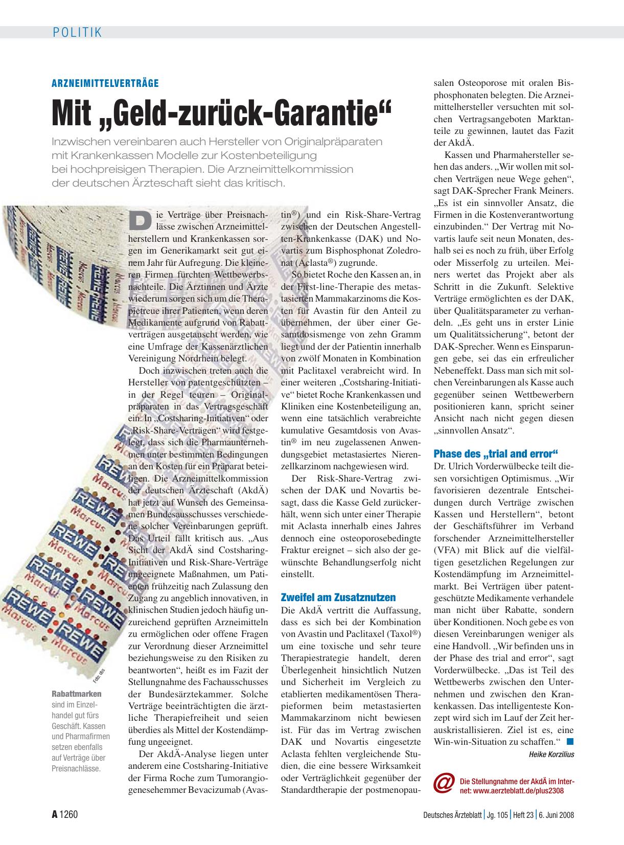 Vorschauseite 1: Arzneimittelverträge: Mit „Geld-zurück-Garantie“