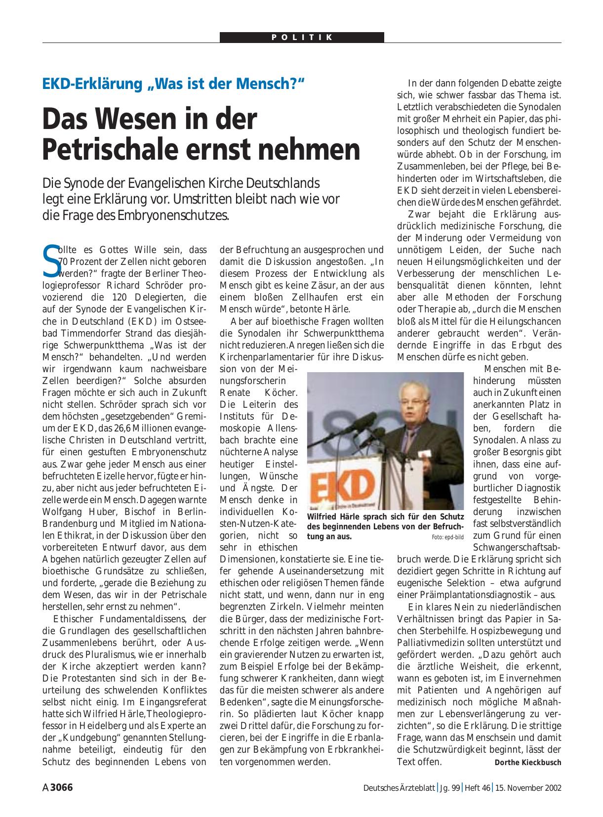 Vorschauseite 1: EKD-Erklärung „Was ist der Mensch? “: Das Wesen in der Petrischale ernst nehmen