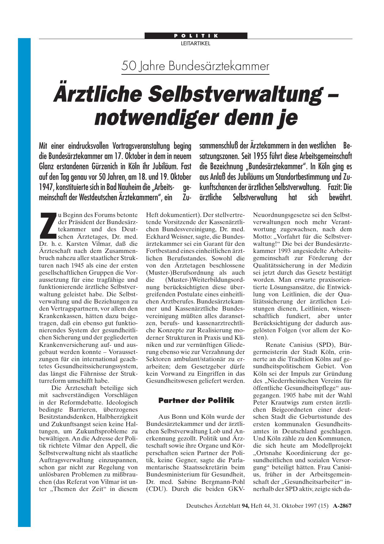 Vorschauseite 1: 50 Jahre Bundesärztekammer: Ärztliche Selbstverwaltung - notwendiger denn je