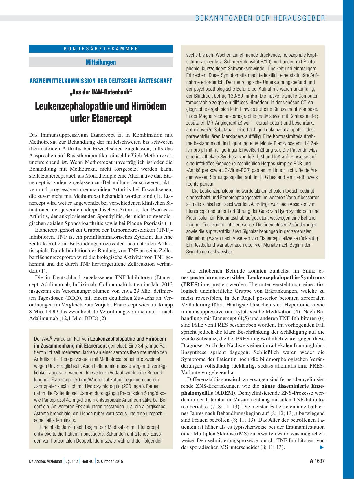 Vorschauseite 1: Arzneimittelkommission der Deutschen Ärzteschaft: „Aus der UAW-Datenbank“ Leukenzephalopathie und Hirnödem unter Etanercept