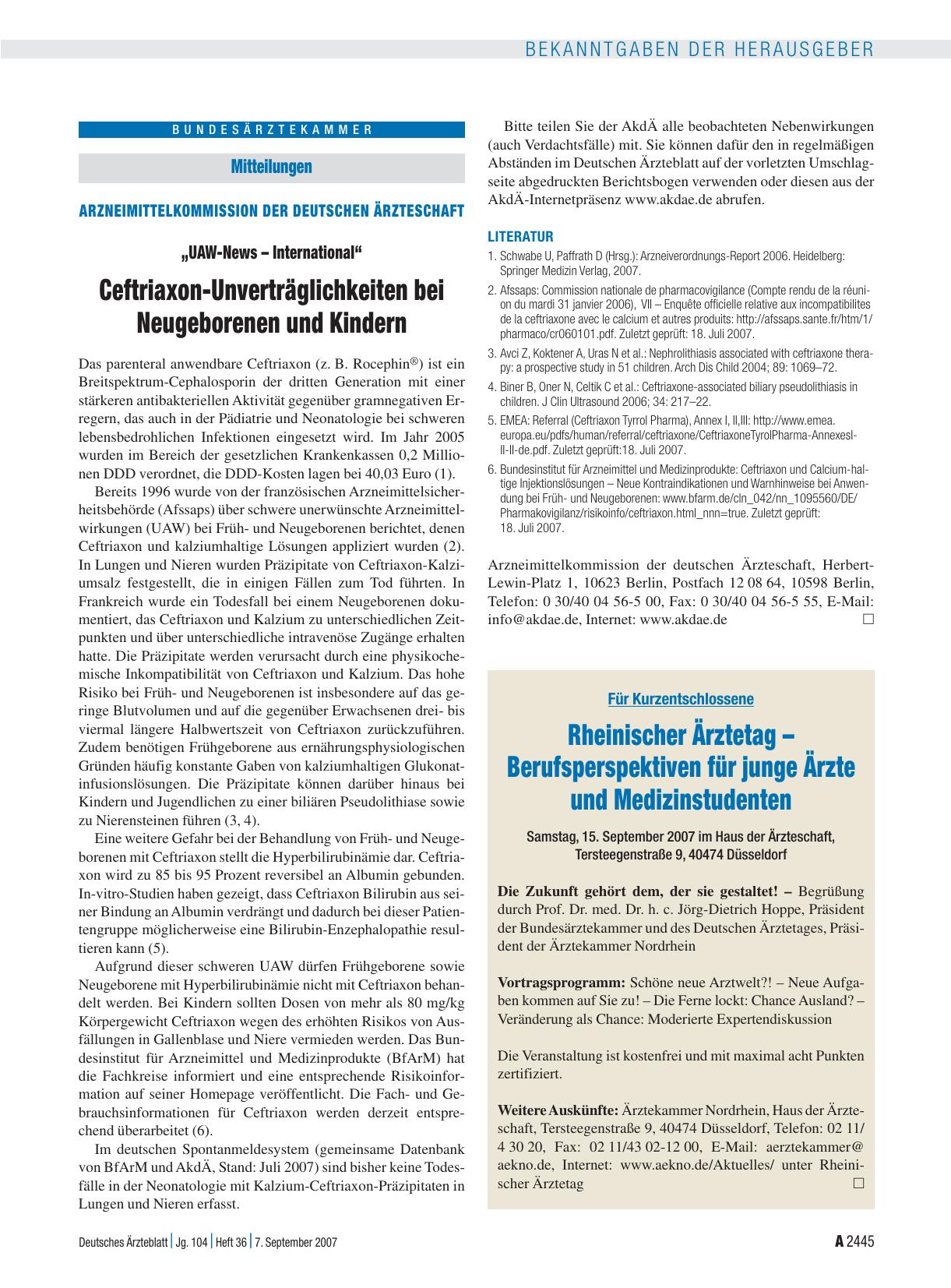 Vorschauseite 1: Mitteilungen – „UAW-News – International“: Ceftriaxon-Unverträglichkeiten bei Neugeborenen und Kindern
