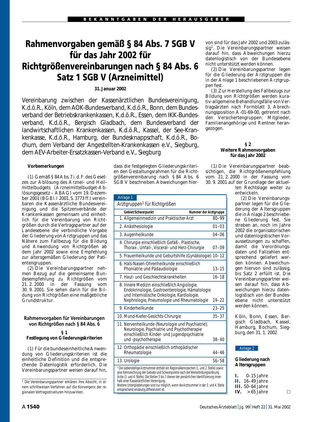 Vorschauseite 1: Rahmenvorgaben gemäß § 84 Abs. 7 SGB V für das Jahr 2002 für Richtgrößenvereinbarungen nach § 84 Abs. 6 Satz 1 SGB V (Arzneimittel)