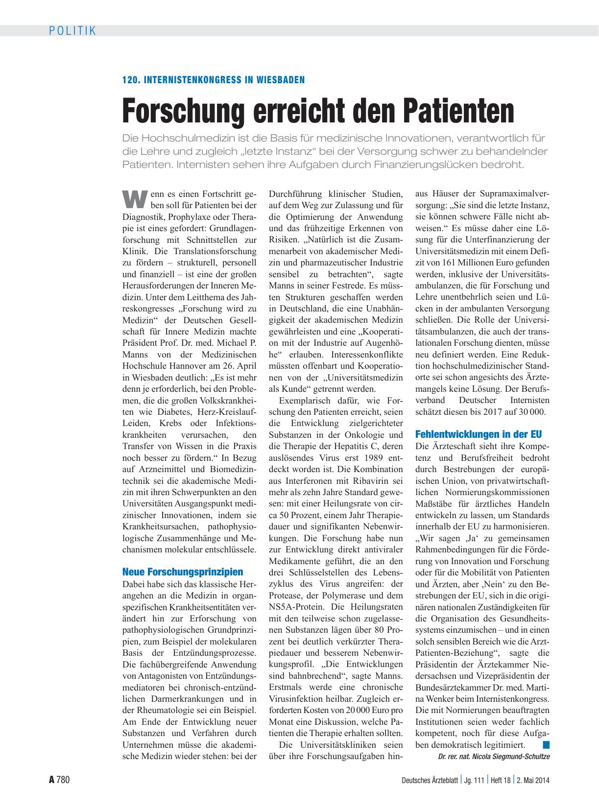 Vorschauseite 1: 120. Internistenkongress in Wiesbaden: Forschung erreicht den Patienten