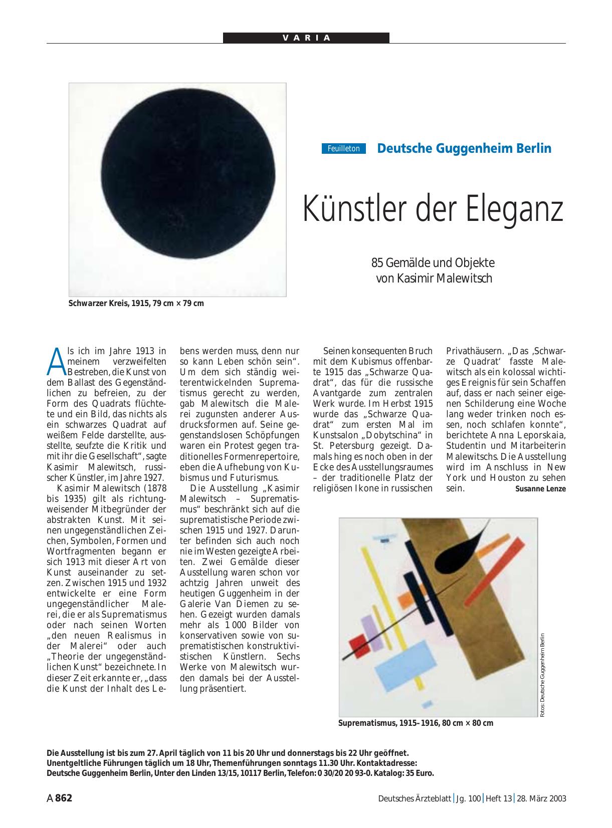 Vorschauseite 1: Deutsche Guggenheim Berlin: Künstler der Eleganz