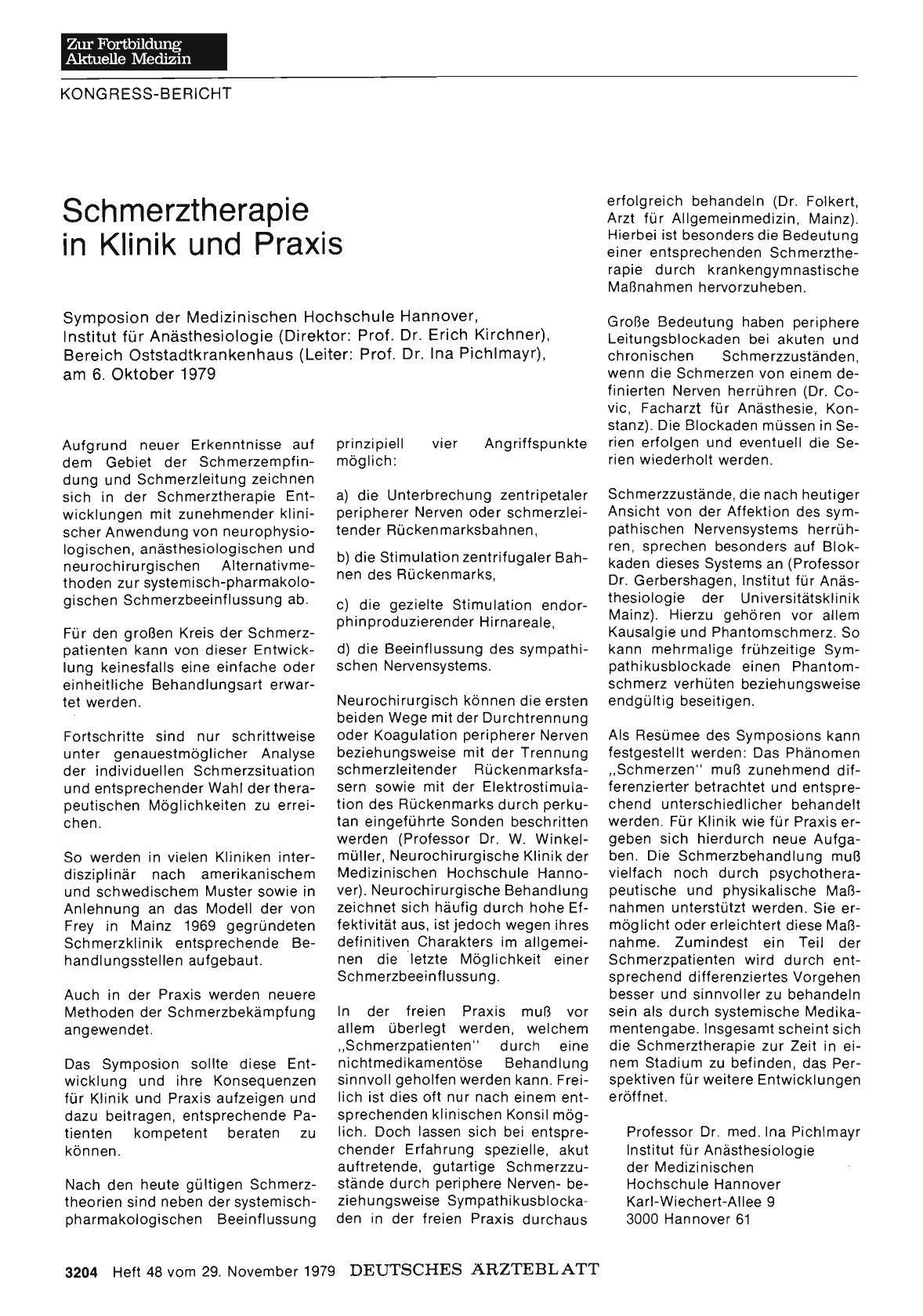 Vorschauseite 1: Schmerztherapie in Klinik und Praxis: Symposion der Medizinischen Hochschule Hannover, Institut für Anästhesiologie (Direktor: Prof. Dr. Erich Kirchner), Bereich Oststadtkrankenha…