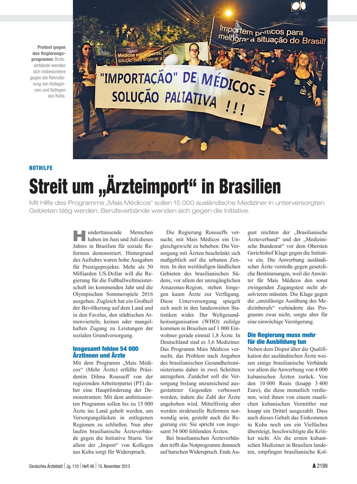 Vorschauseite 1: Nothilfe: Streit um „Ärzteimport“ in Brasilien
