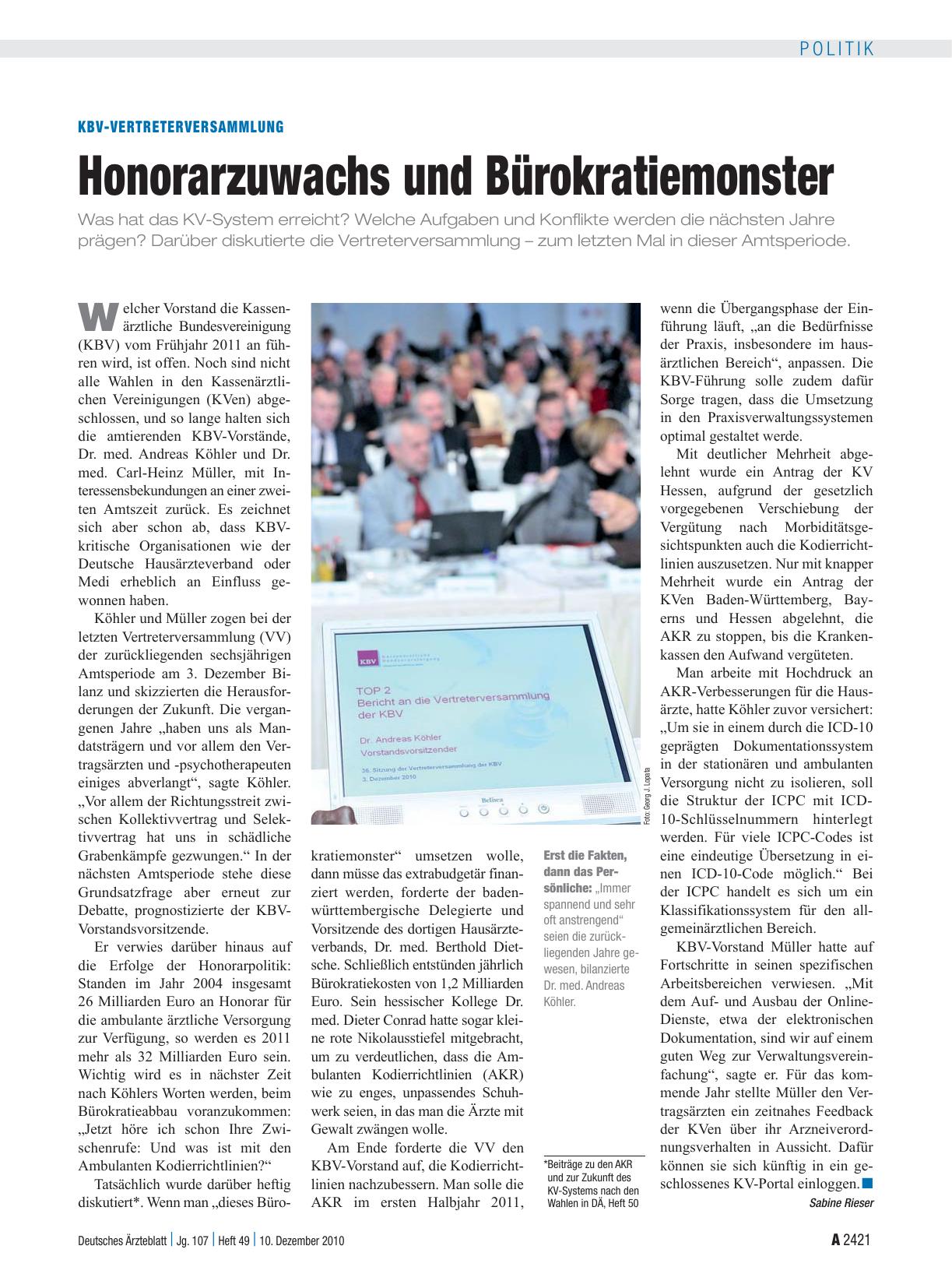 Vorschauseite 1: KBV-Vertreterversammlung: Honorarzuwachs und Bürokratiemonster