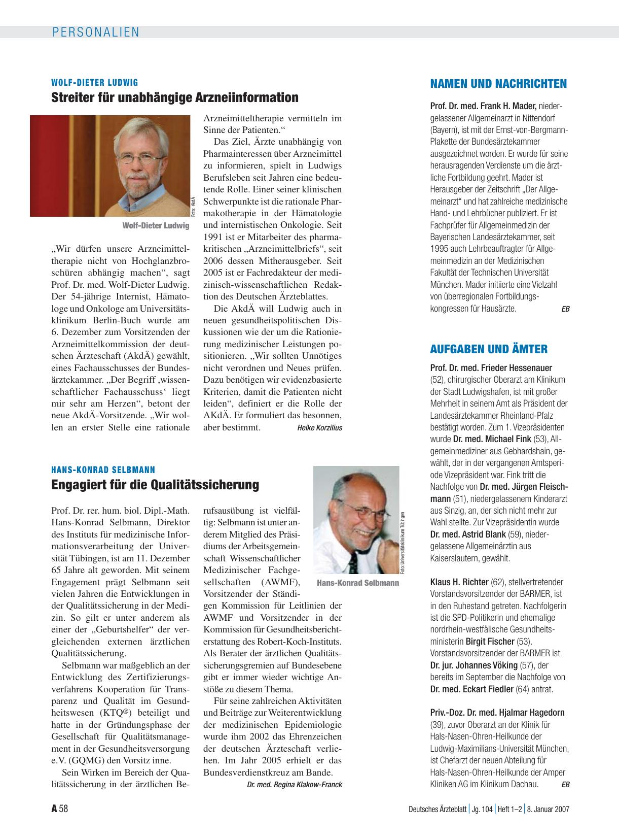 Vorschauseite 1: Hans-Konrad Selbmann: Engagiert für die Qualitätssicherung