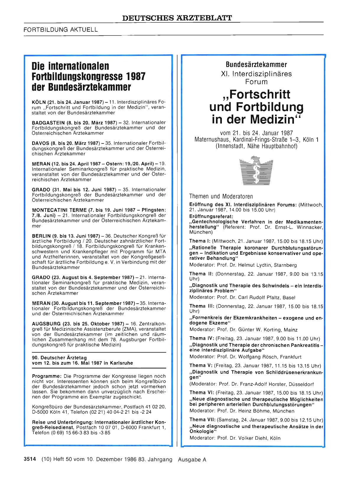Vorschauseite 1: Die internationalen Fortbildungskongresse 1987 der Bundesärztekammer