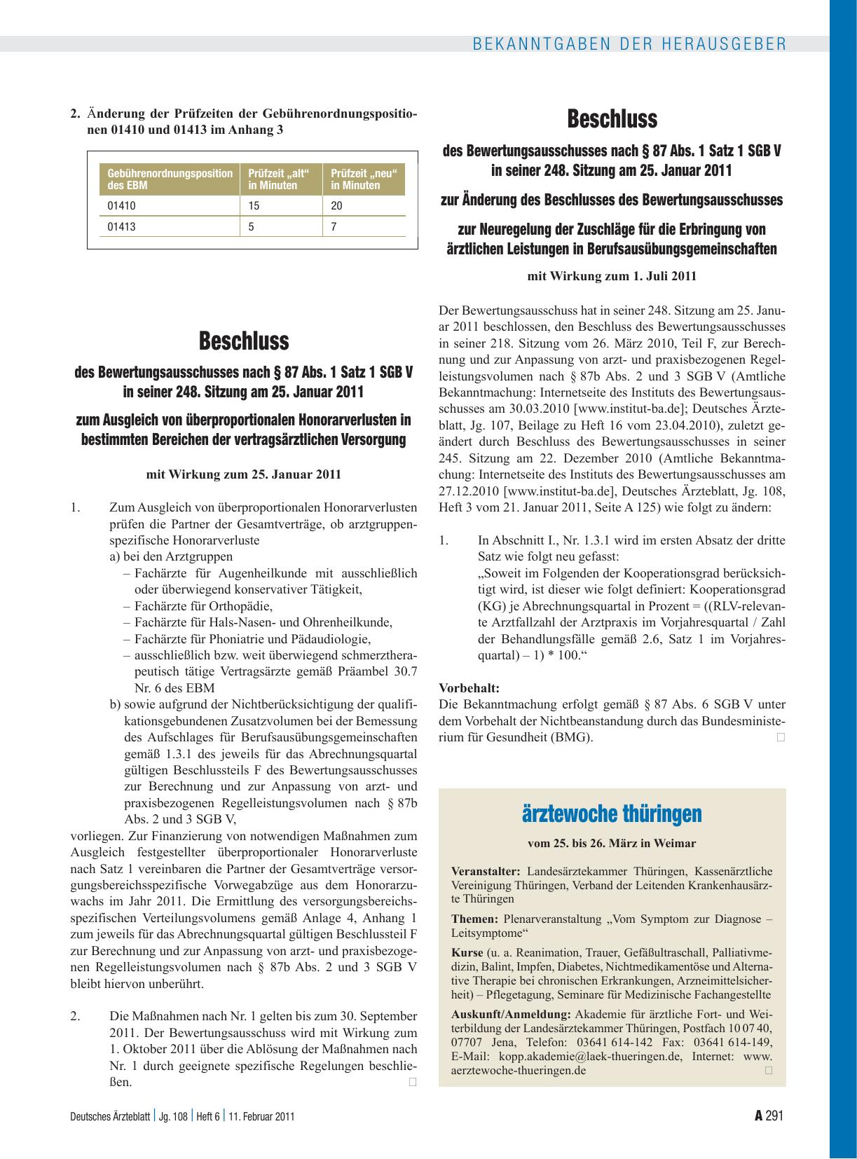 Vorschauseite 1: Beschluss des Bewertungsausschusses nach § 87 Abs. 1 Satz 1 SGB V in seiner 248. Sitzung am 25. Januar 2011 zum Ausgleich von überproportionalen Honorarverlusten in bestimmten Ber…