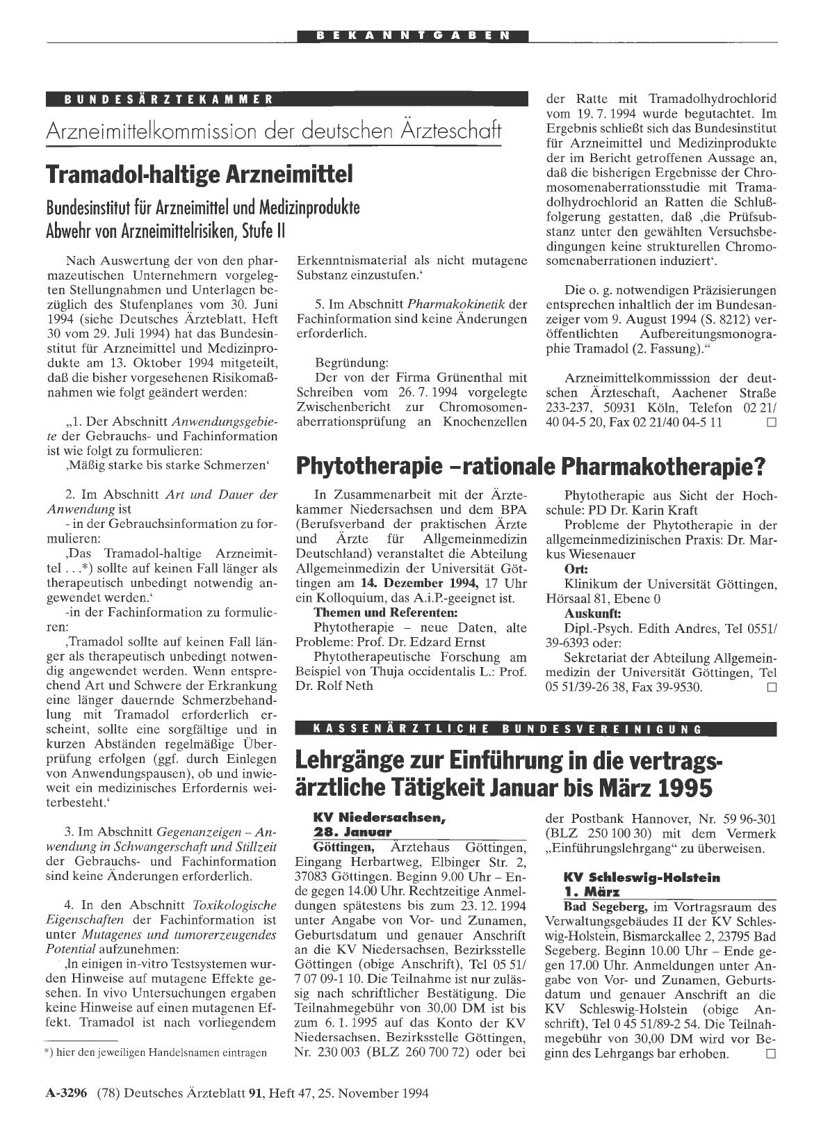 Vorschauseite 1: Arzneimittelkommission der deutschen Ärzteschaft: Tramadol-haltige Arzneimitte