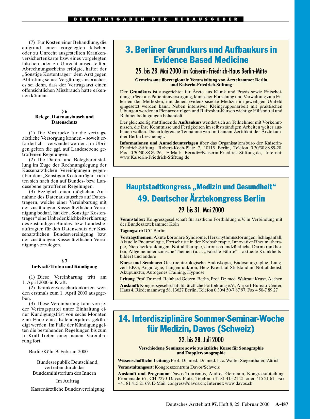 Vorschauseite 1: 3. Berliner Grundkurs und Aufbaukurs in Evidence Based Medicine: 25. bis 28. Mai 2000 im Kaiserin-Friedrich-Haus Berlin-Mitte
