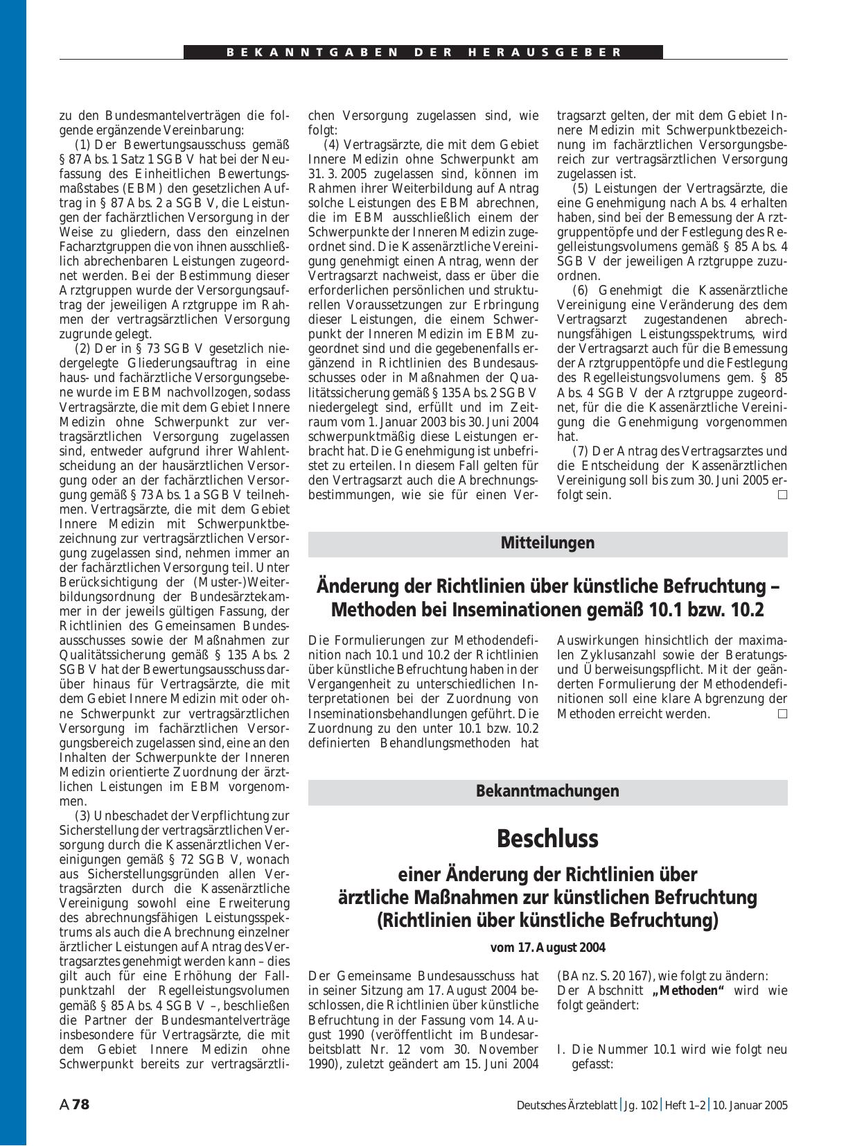 Vorschauseite 1: Mitteilungen: Änderung der Richtlinien über künstliche Befruchtung – Methoden bei Inseminationen gemäß 10. 1 bzw. 10. 2