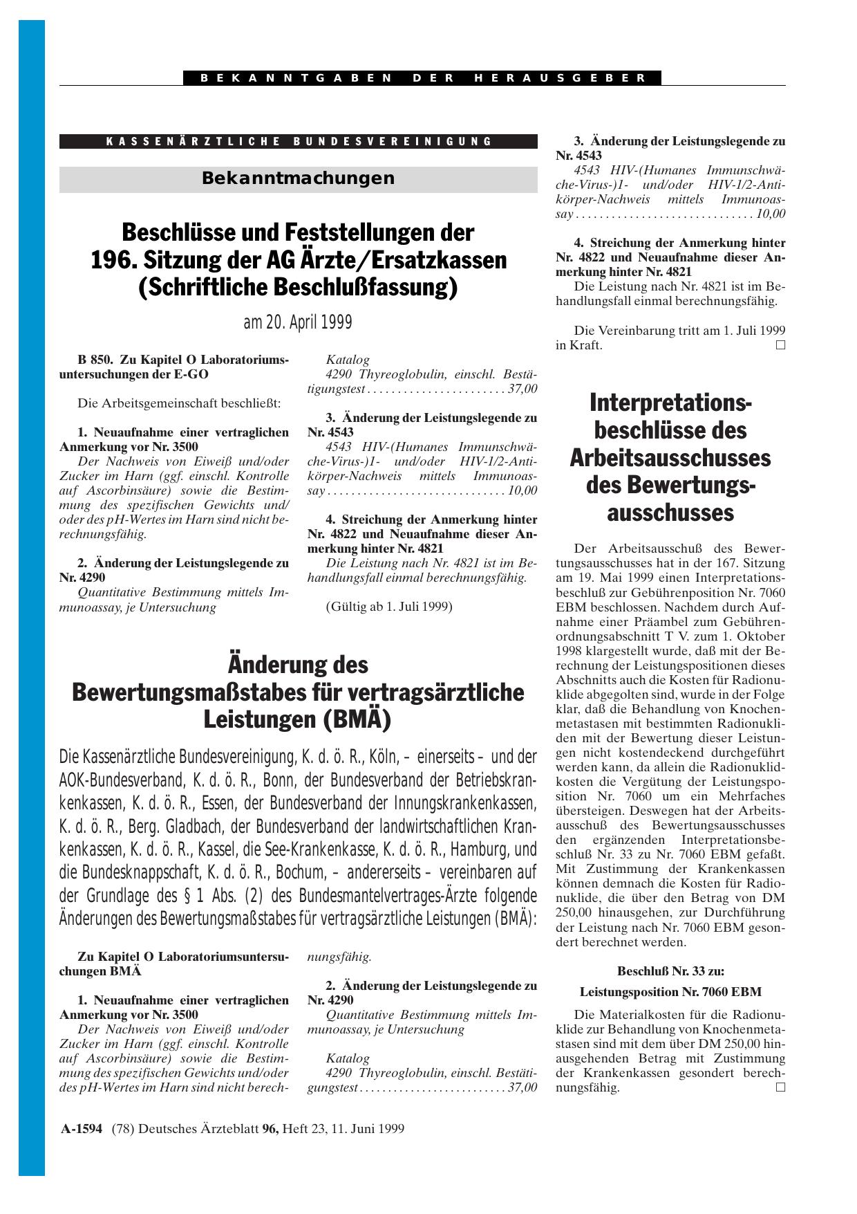 Vorschauseite 1: Änderung des Bewertungsmaßstabes für vertragsärztliche Leistungen (BMÄ)