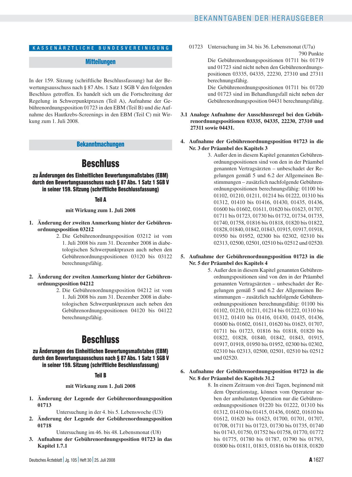 Vorschauseite 1: Beschluss zu Änderungen des Einheitlichen Bewertungsmaßstabes (EBM) durch den Bewertungsausschuss nach § 87 Abs. 1 Satz 1 SGB V in seiner 159. Sitzung (schriftliche Beschlussfassu…