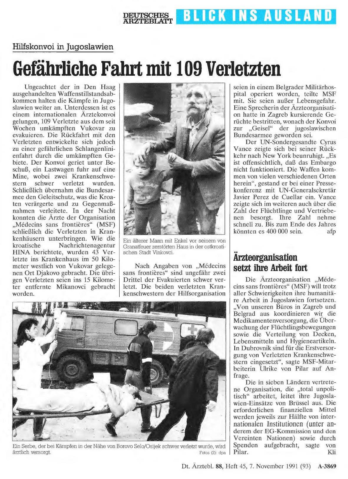 Vorschauseite 1: Hilfskonvoi in Jugoslawien: Gefährliche Fahrt mit 109 Verletzten