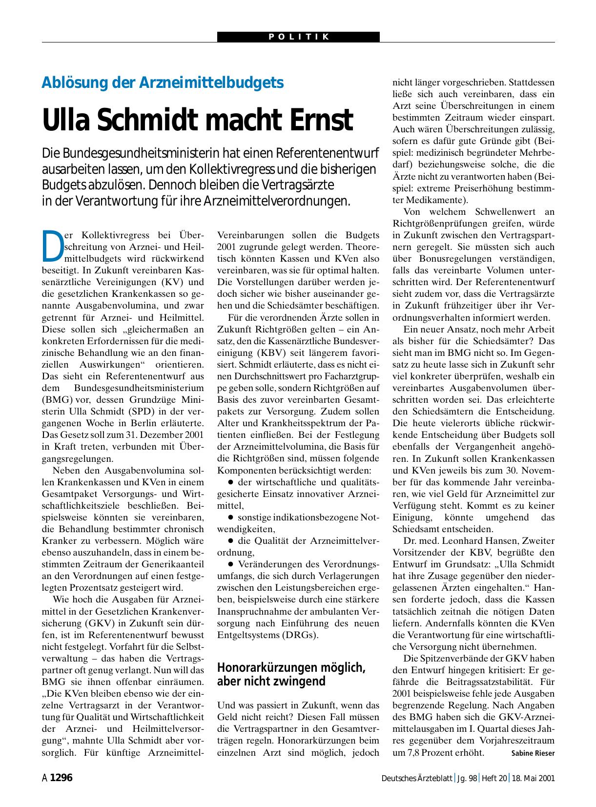 Vorschauseite 1: Ablösung der Arzneimittelbudgets: Ulla Schmidt macht Ernst
