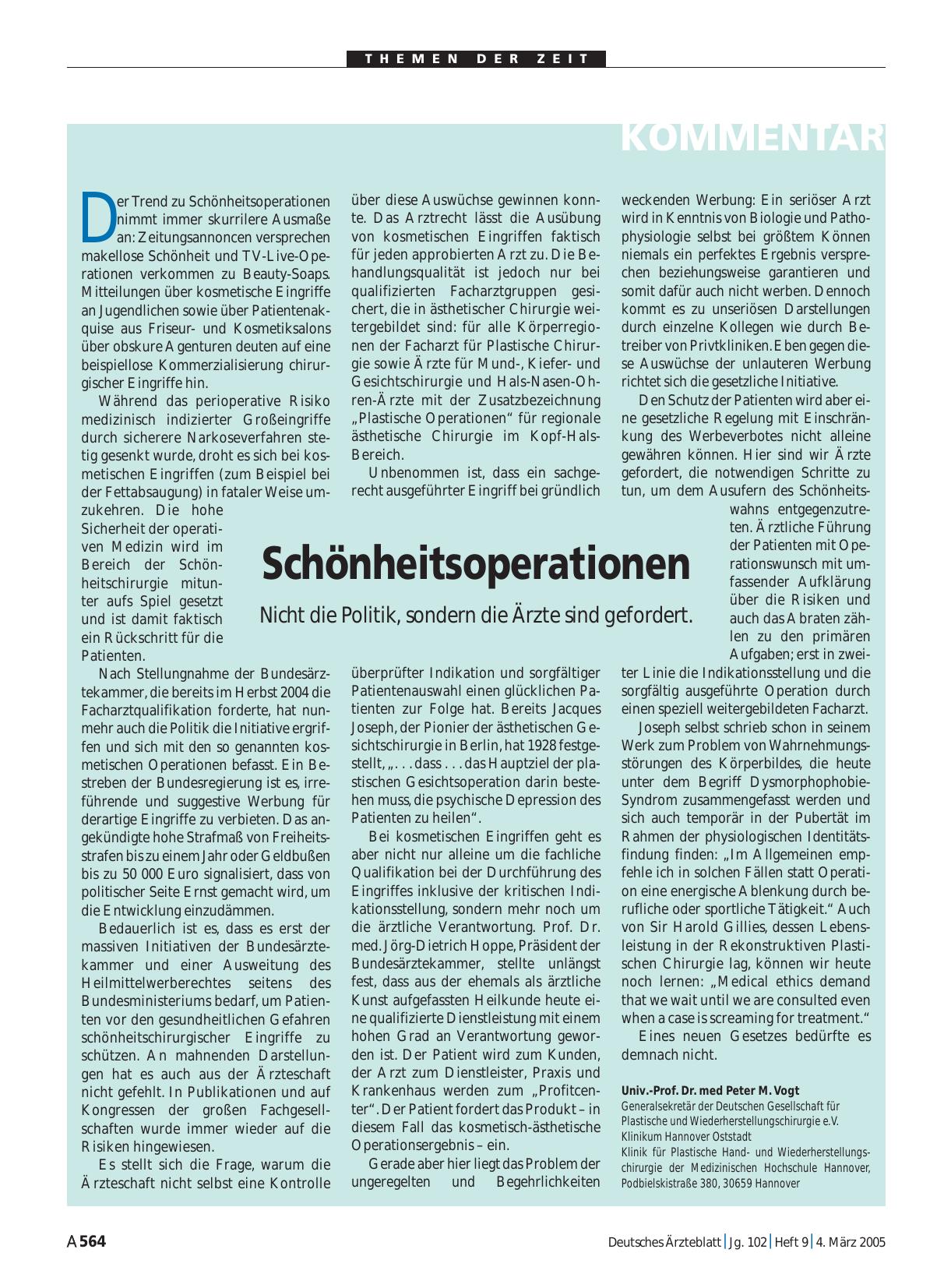 Vorschauseite 1: Schönheitsoperationen: Nicht die Politik, sondern die Ärzte sind gefordert