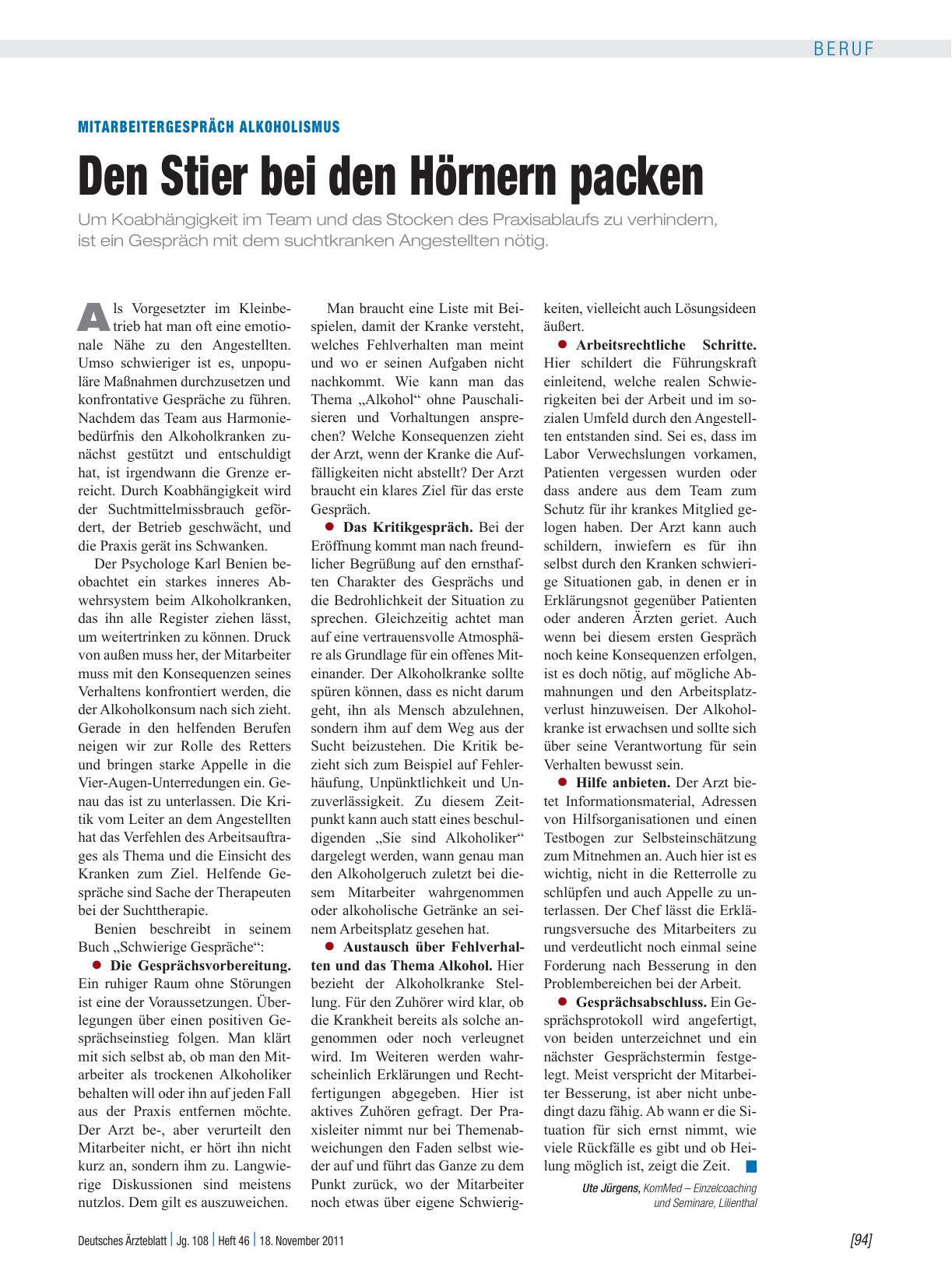 Vorschauseite 1: Mitarbeitergespräch Alkoholismus: Den Stier bei den Hörnern packen