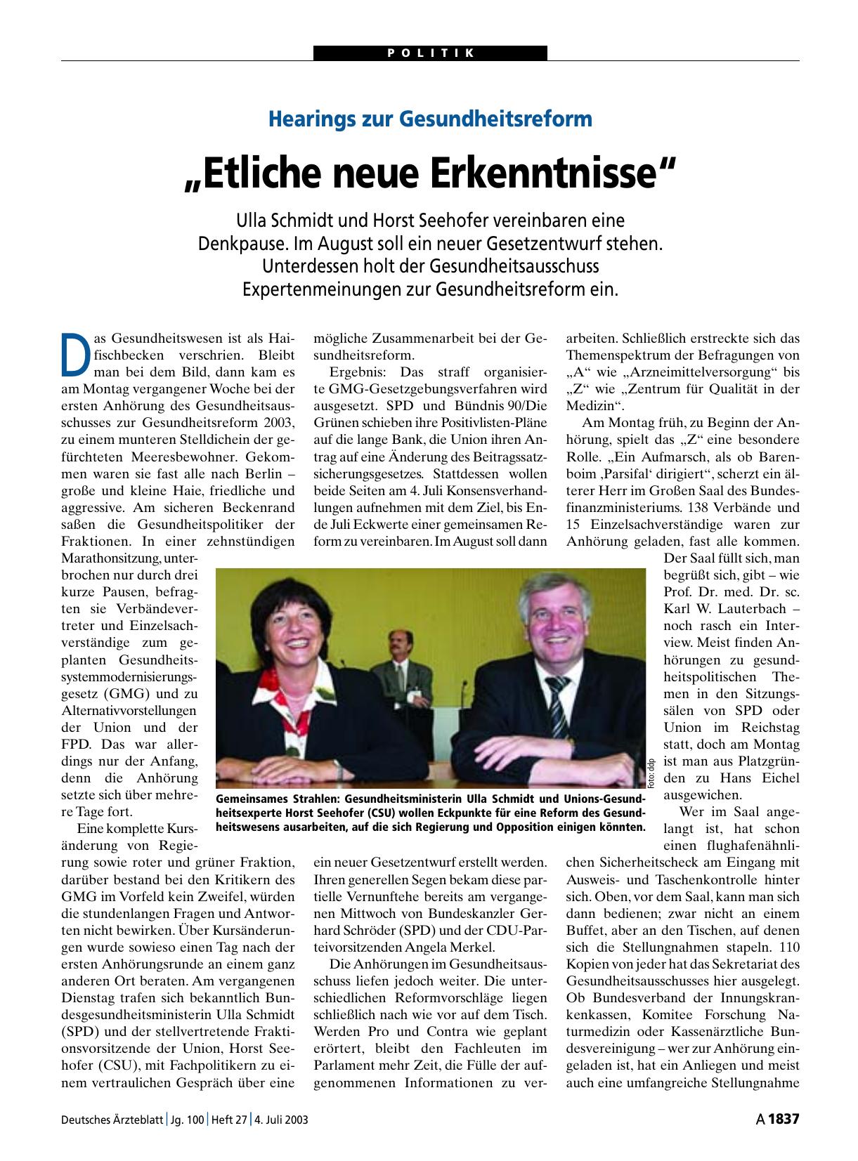 Vorschauseite 1: Hearings zur Gesundheitsreform: „Etliche neue Erkenntnisse“