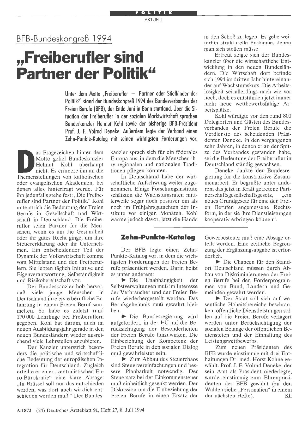 Vorschauseite 1: BFB-Bundeskongreß 1994: ,, Freiberufler sind Partner der Politik''