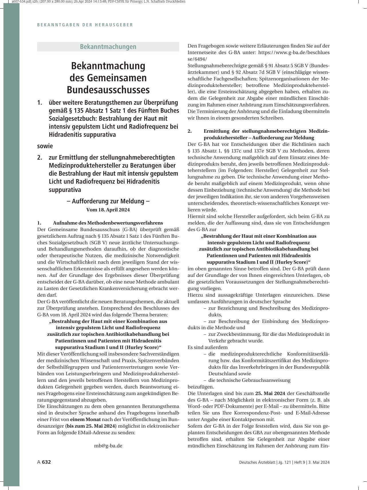Vorschauseite 1: Bekanntmachung des Gemeinsamen Bundesausschusses 1. über weitere Beratungsthemen zur Überprüfung gemäß § 135 Absatz 1 Satz 1 des Fünften Buches Sozialgesetzbuch: Bestrahlung der H…