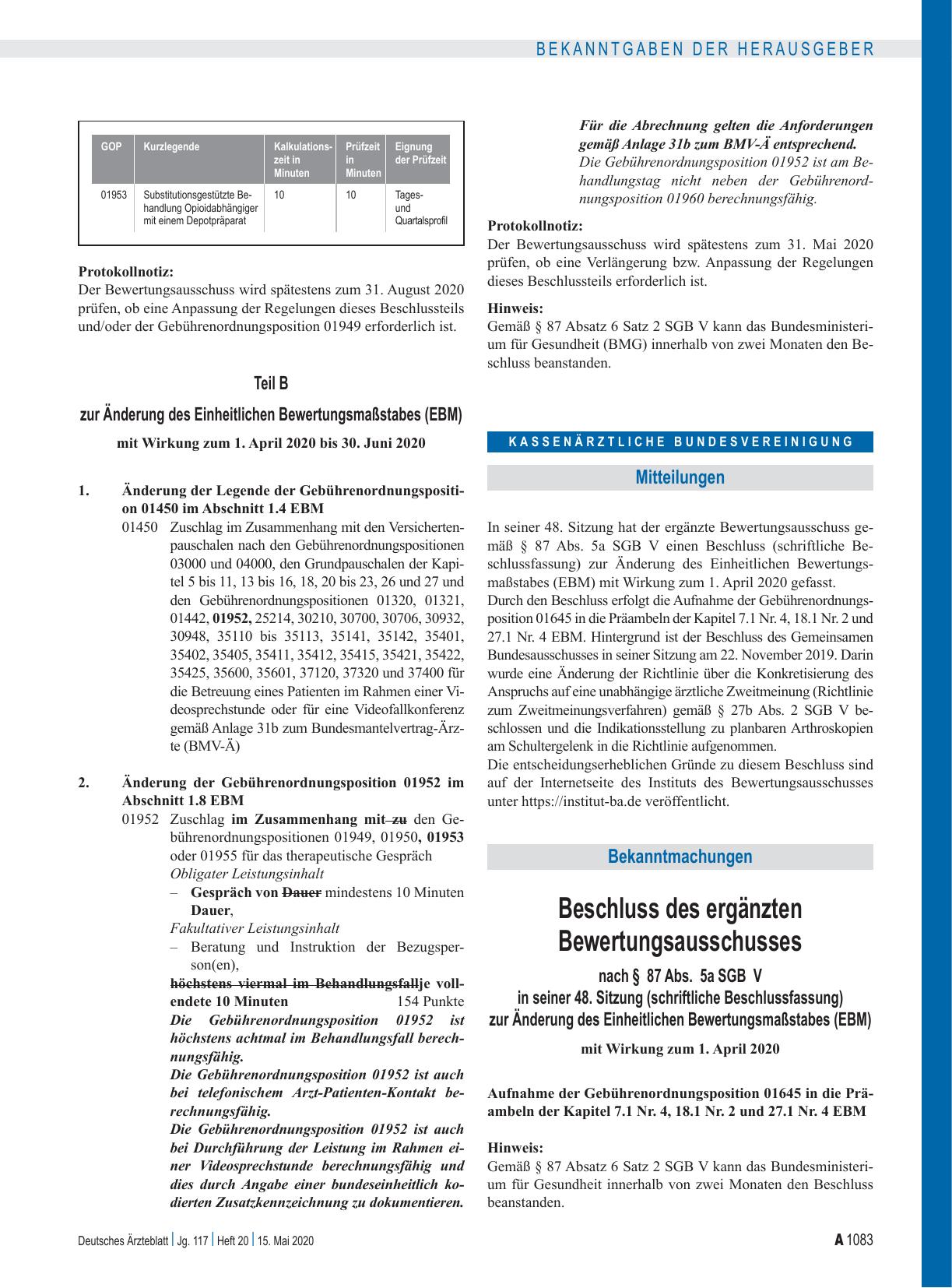 Vorschauseite 1: Beschluss des ergänzten Bewertungsausschusses nach § 87 Abs. 5a SGB V in seiner 48. Sitzung (schriftliche Beschlussfassung) zur Änderung des Einheitlichen Bewertungsmaßstabes (EBM)