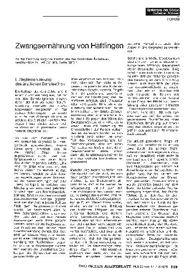Vorschauseite 1: Zwangsernährung von Häftlingen: I. Reglementierung des ärztlichen Berufsethos